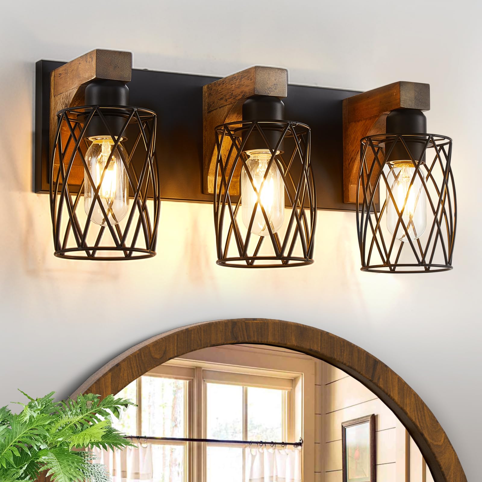 Farmhouse Bathroom Light Fixtures, Wood Bathroom Lighting Fixtures Over Mirror, 3-Light Vanity Light Fixture with Cage Metal Sha
