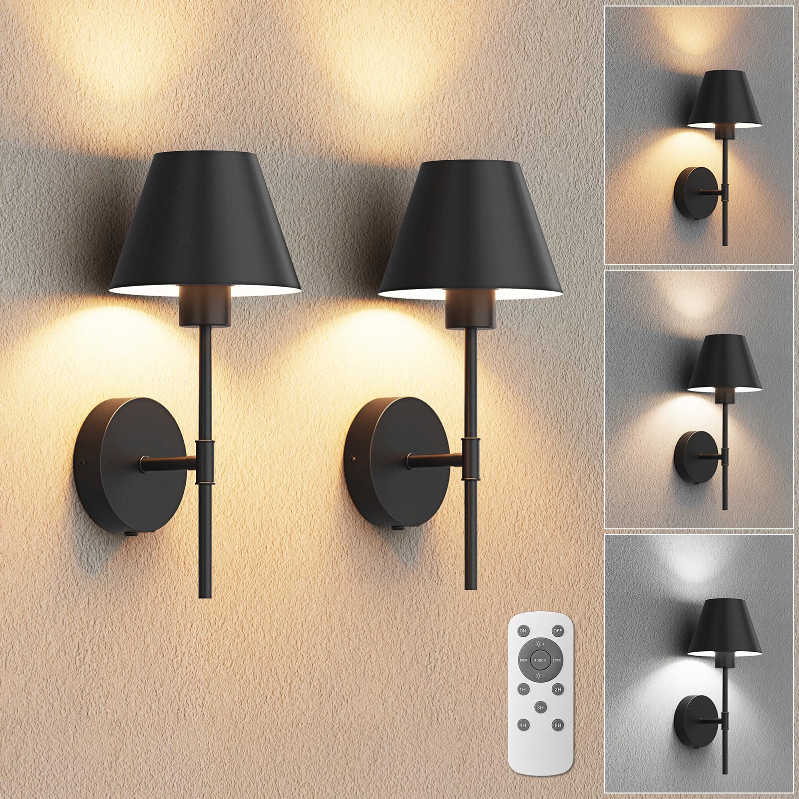 VOLISUN 17In Battery Operated Wall Sconces Set of Two Brushed Black Wall Sconce Rechargeable with Remote 3 Colors Wireless Wall Sconces and Led Wall Lights for Living Room Bedroom Hallway Bathroom