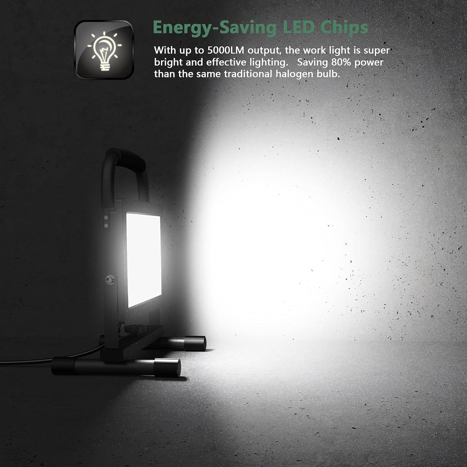 Glorious-Lite 50W Led Work Light, 5000Lm Led Flood Lights, 400W Equivalent, Ip66 Waterproof, 16Ft 5M Cord With Plug, 6500K, Adju