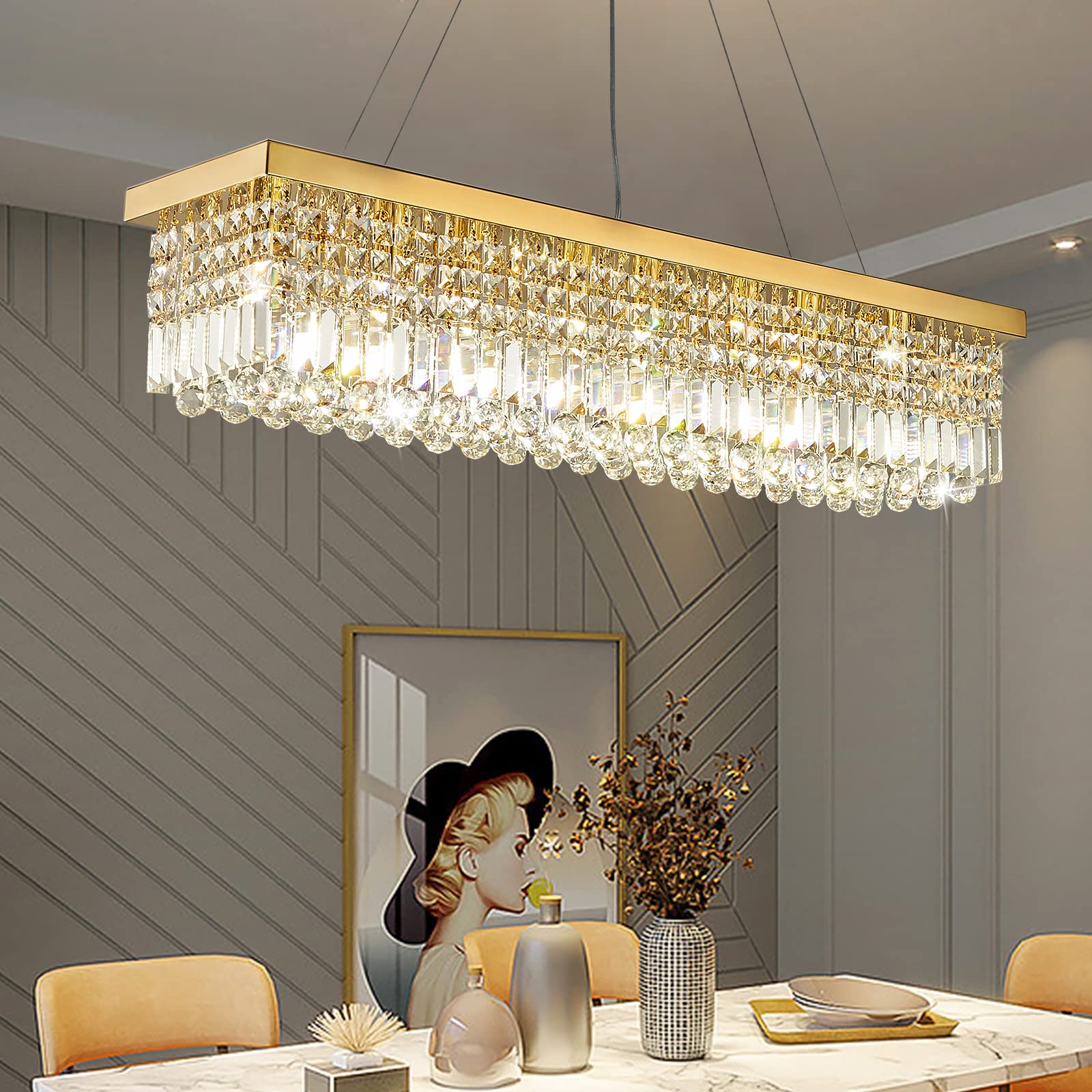 Siljoy Modern Crystal Chandelier, 8 Lights, Gold, K9 Crystal, L40in  x W10in  x H10in , Stainless Steel, Model 718687229644