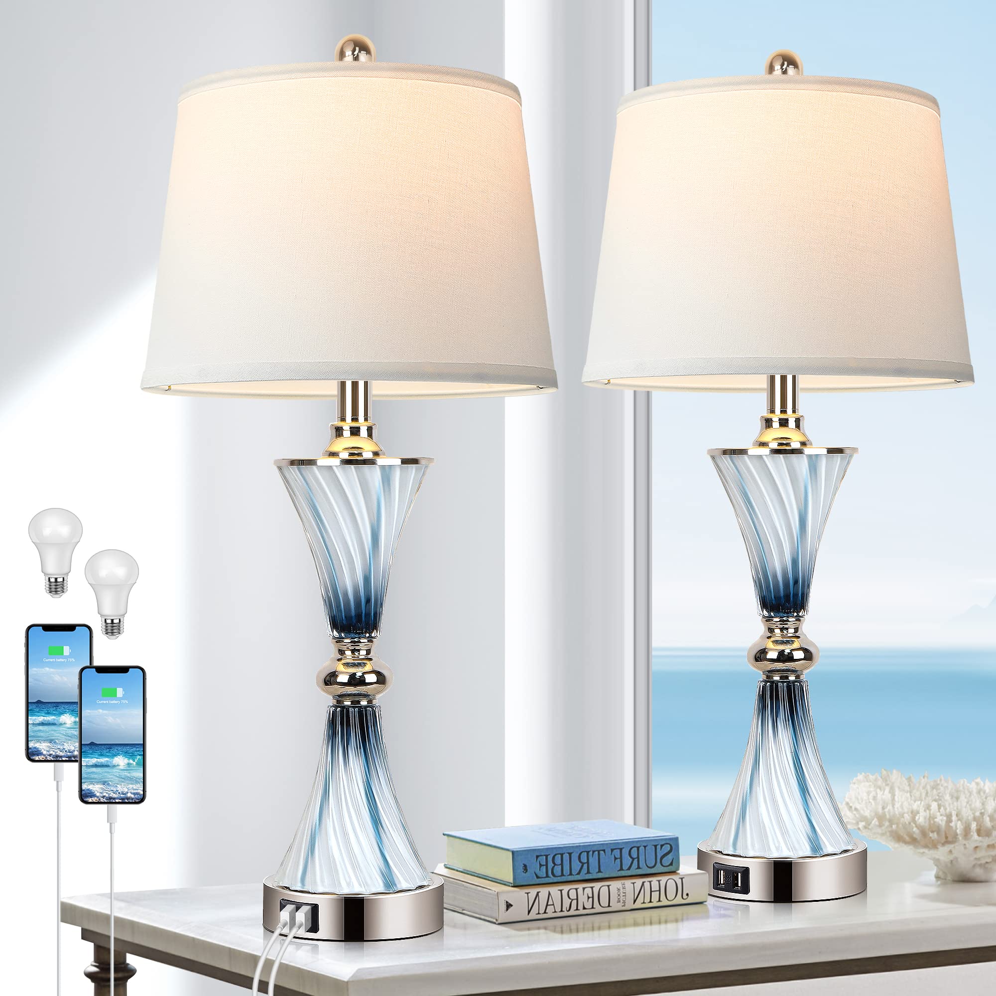 Set of 2 Blue Glass Table Lamps for Bedrooms with 2 USB ports 3-Way Dimmable Touch Coastal Bedside Lamps for Contemporary Style 