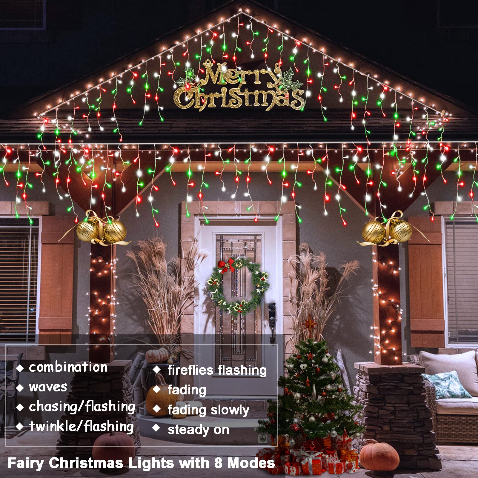 2 Pack Red White Green Christmas Icicle Lights Battery Operated, Total 204 Led Twinkle Icicle Lights 20Ft Clear Wire With 8 Ligh