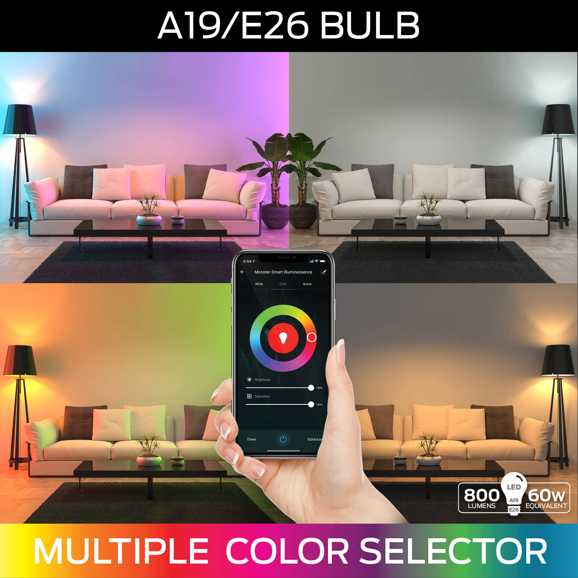 XTREME DIGITAL LED Light Bulb, 16M Color Options, Wi-Fi, App-Enabled, Model MLB7-1052-RGB, 9W, 2-Pack