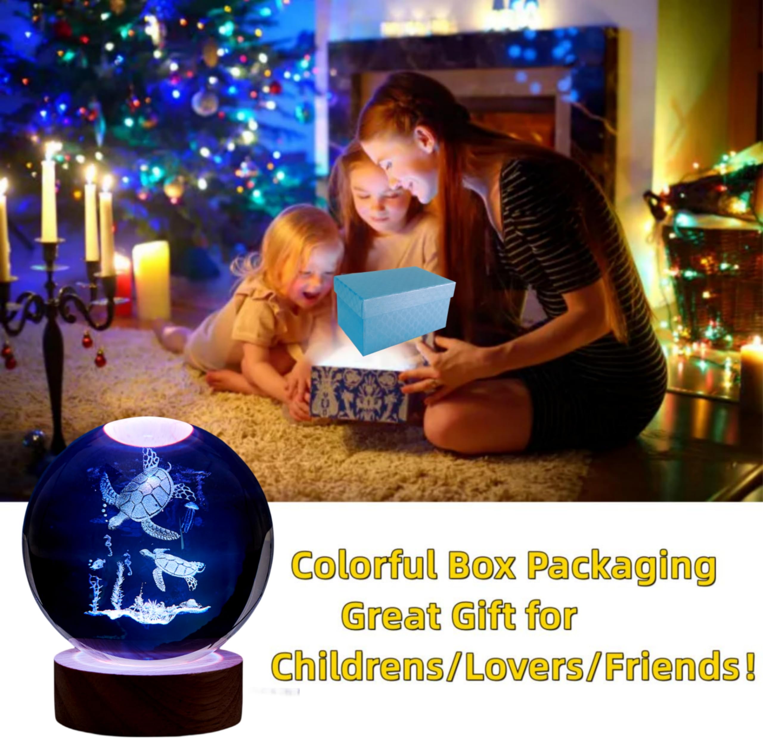 3D Sea Turtle Crystal Ball Lamp, Upgraded 3.15 Inch Sea Turtle Crystal Ball Night Light With 16 Colors Led Wooden Base, Remote C