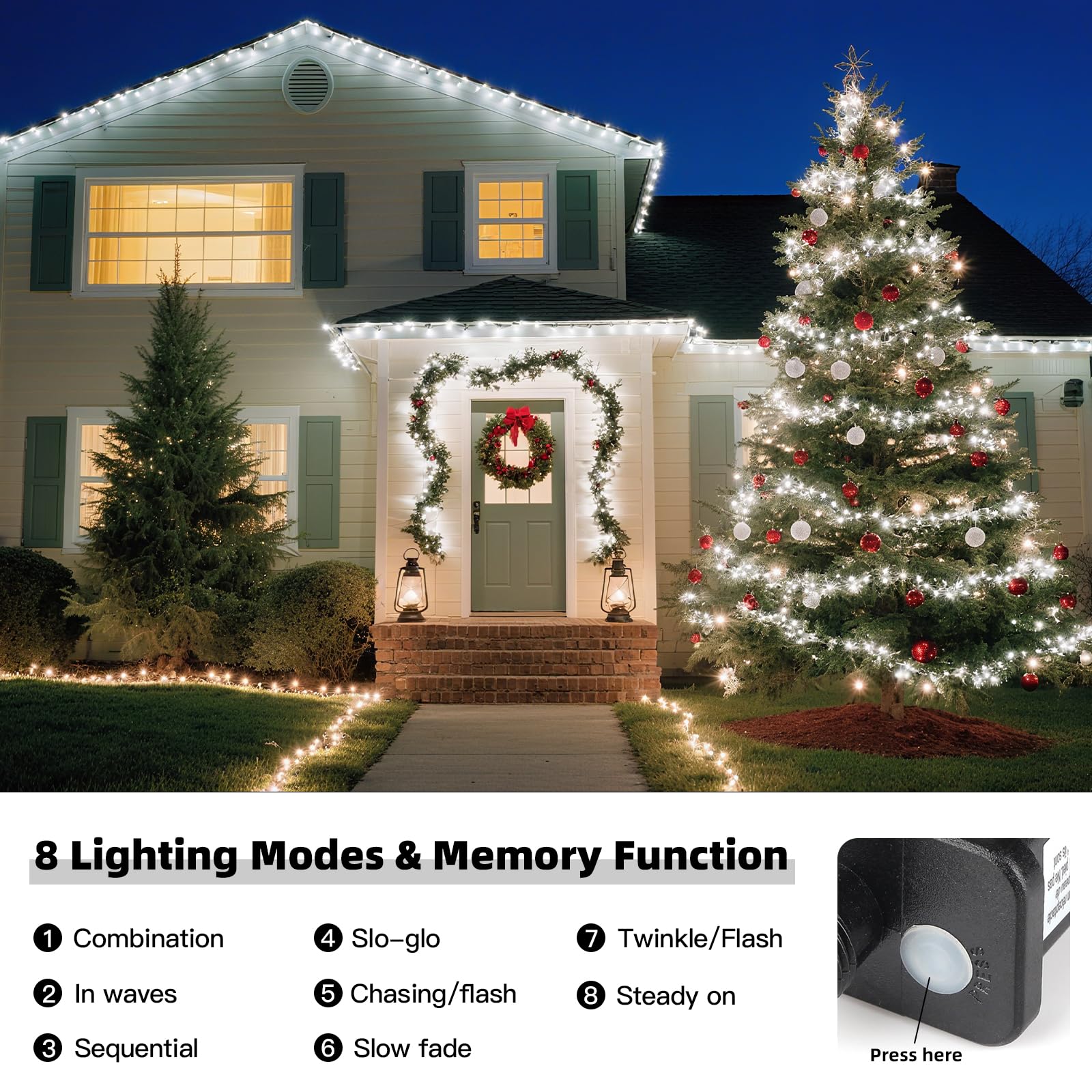 Vtechology 500 Led White Christmas Tree Light Plug In 170Ft Connectable Christmas Lights With 8Modes Ul Certified Outdoor Indoor For Halloween Tree Yard Holiday Party Decor