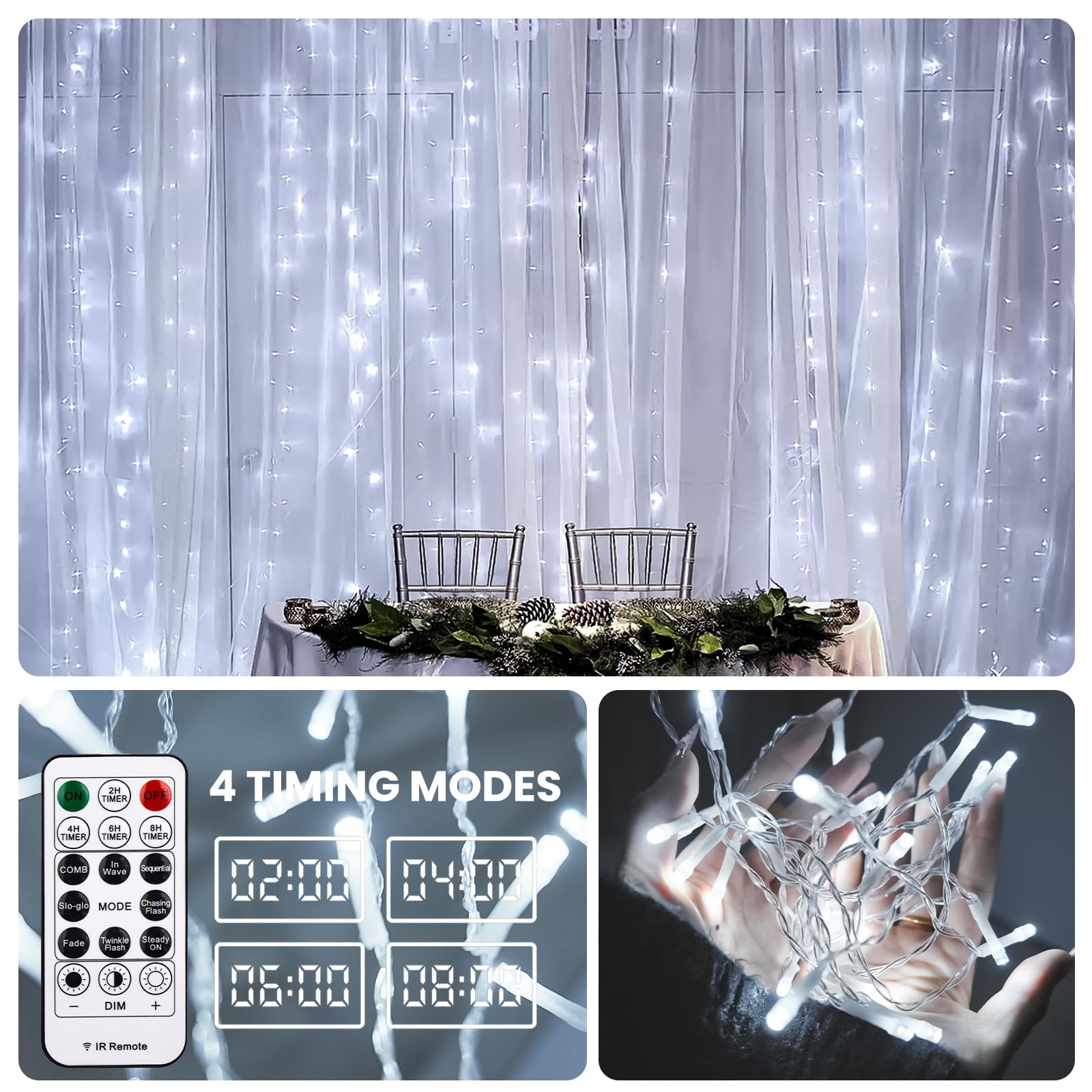 Sinamer Curtain Light For Bedroom, 200Led 6.6X6.6Ft White Window Wall Hanging Fairy Curtain String Light, 8 Modes Remote Fairy String Lights Indoor For Wedding Party Home Garden Decorations