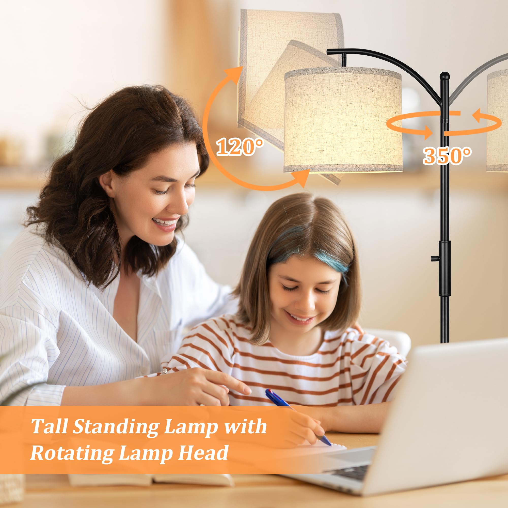 Dimmable Floor Lamp, Arc Floor Lamps For Living Room, Stepless Dimming Modern Standing Lamp With Linen Shade, Tall Lamp For Bedr