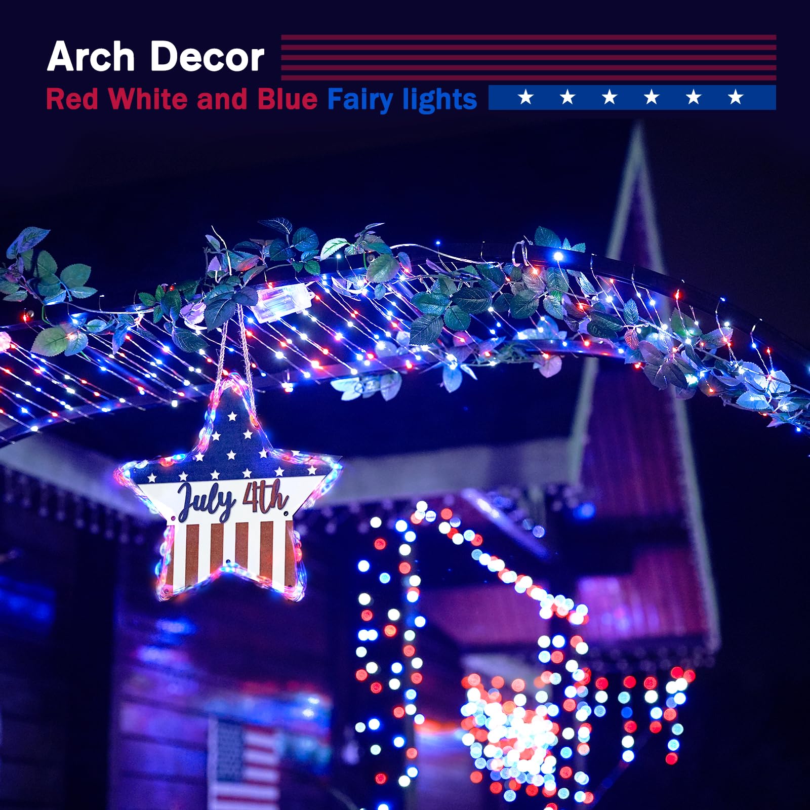 JMEXSUSS Battery Operated Fairy Lights, 200 LED, 66ft, 8 Modes, Copper, Red White Blue, 2 Pack
