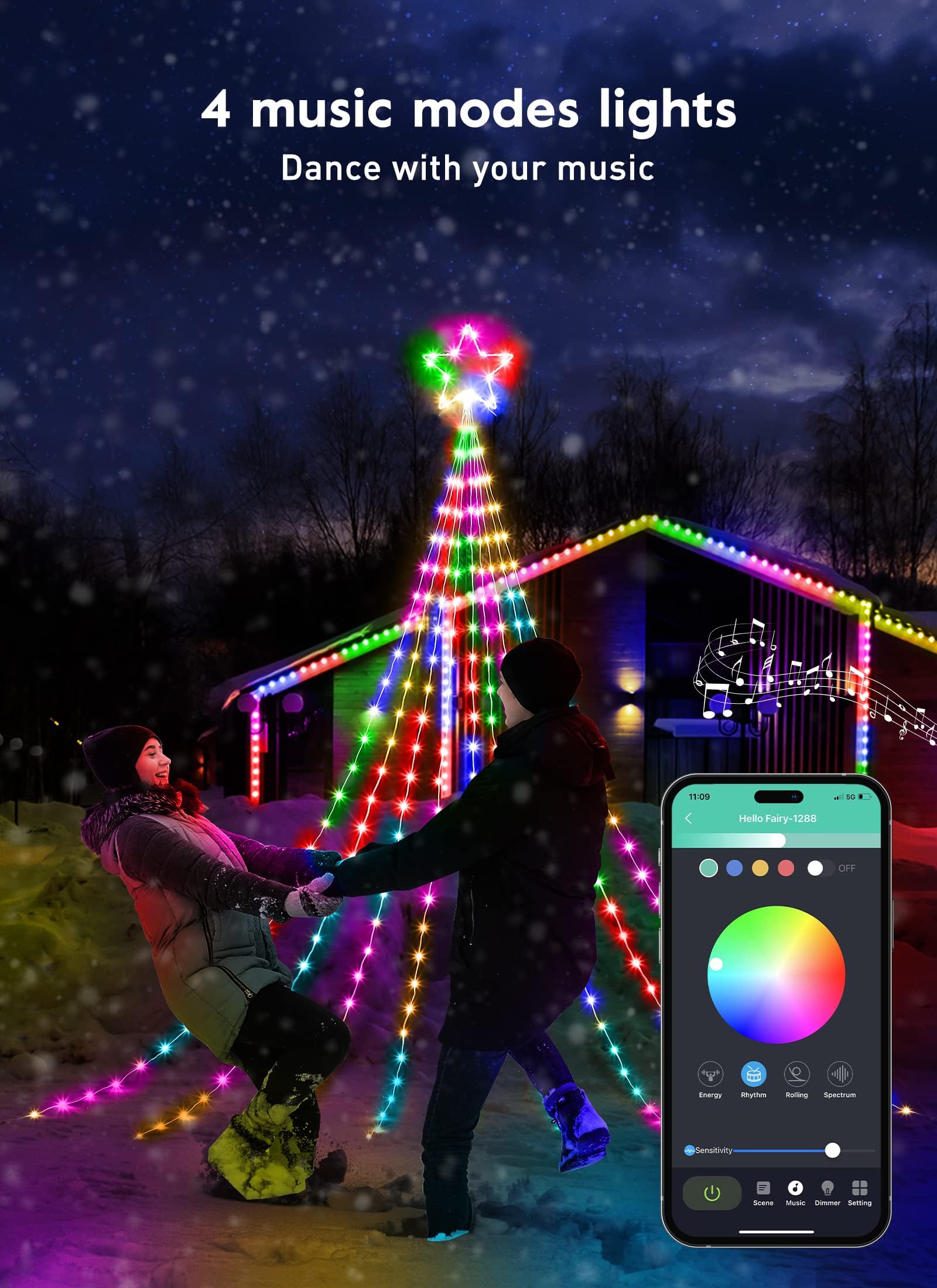 Outdoor Christmas Star String Lights, 16.4Feet 317Led Smart Rgb Waterfall Tree String Light With App Remote Control, Diy Timer M