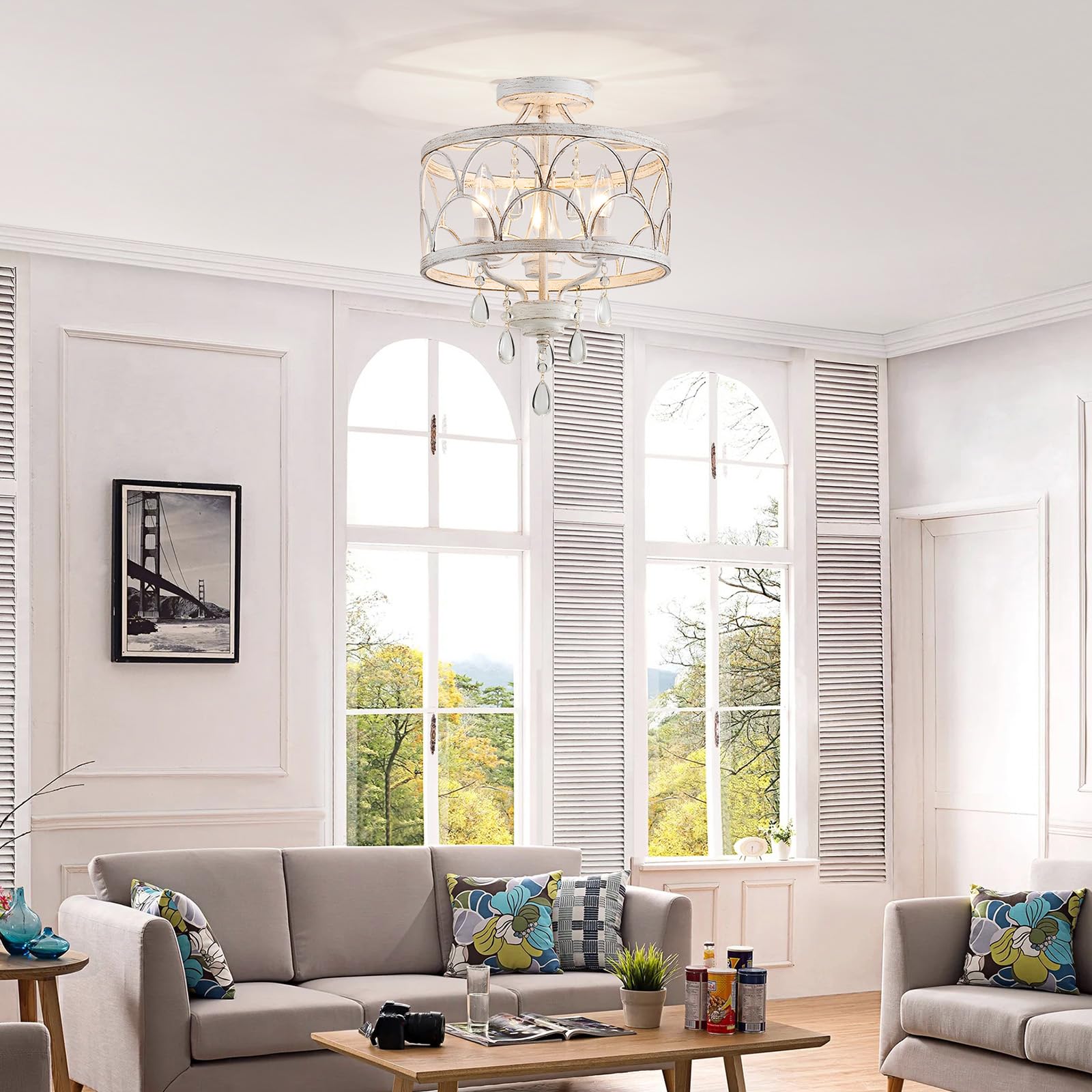 Crystal Ceiling Light Fixture  Modern Small Chandelier Light Fixture  Farmhouse White Semi Flush Mount Ceiling Light  Round Hallway Lighting Fixtures For Bedroom Entryway Dining Room Living Room