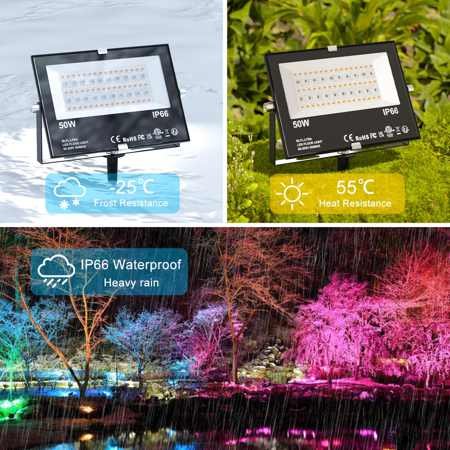 ChangM LED Flood Light 500W Equivalent, Bluetooth RGBW, 5000LM, IP66 Waterproof, 4-Pack with Ground Stakes, 2700K Color Changing