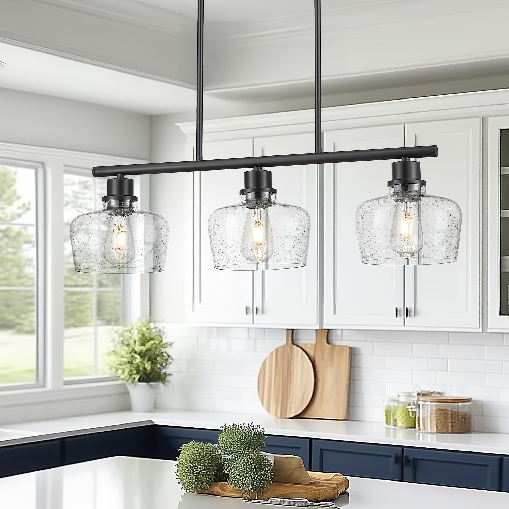 Emak Black Dining Room Light Fixture, Modern 32 Inch Linear Chandelier Lamp With Seeded Glass Shade, Farmhouse 3-Light Kitchen I