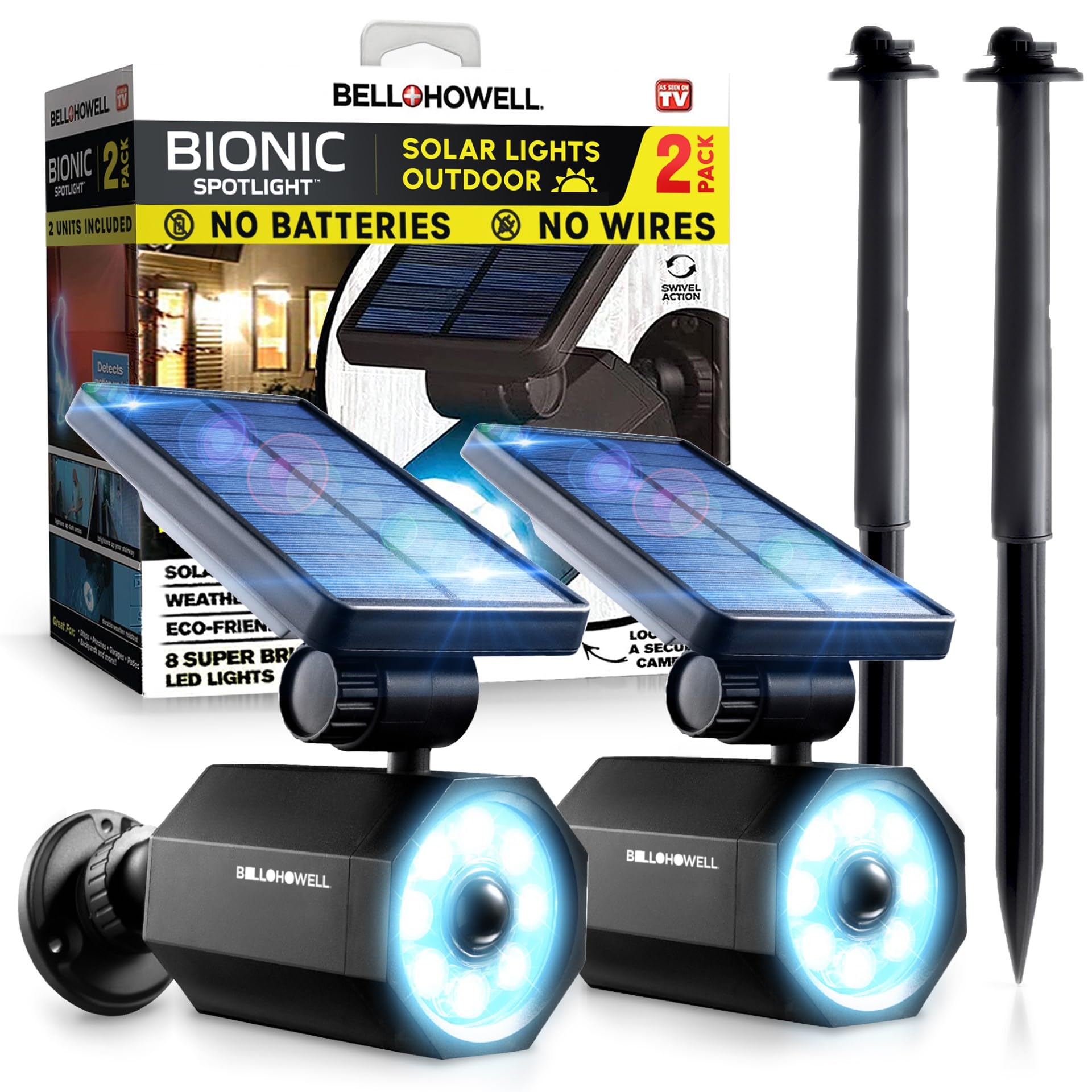 Bell+Howell Bionic Spotlight LED Solar Lights - Motion Sensor Outdoor Lighting, Waterproof, Set of 2, Multicolor