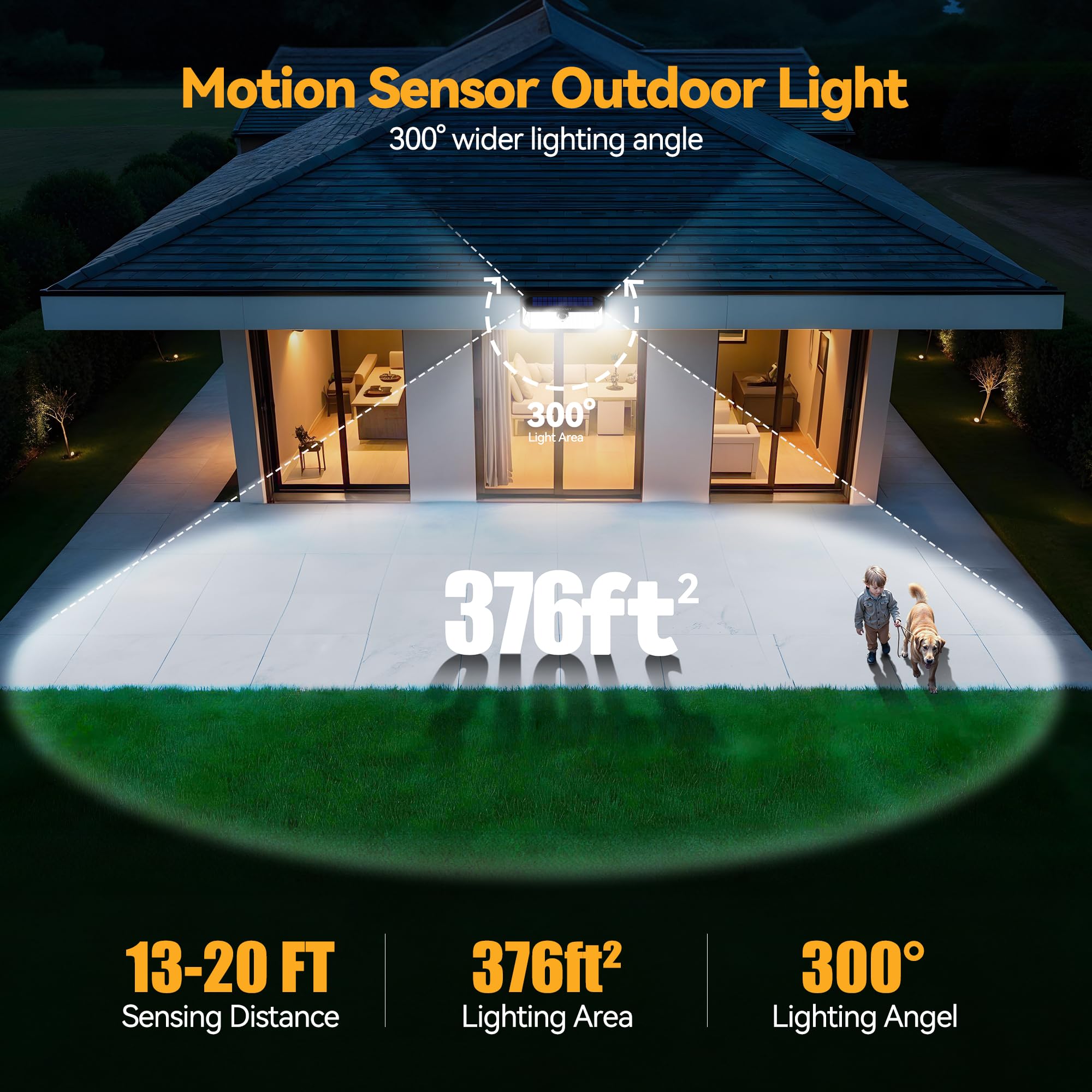 TECKNET 416 LED Solar Lights - 300° Wide Angle, 3 Modes, Motion Sensor, Waterproof - 4 Pack, Cool White, Model TK-SL003