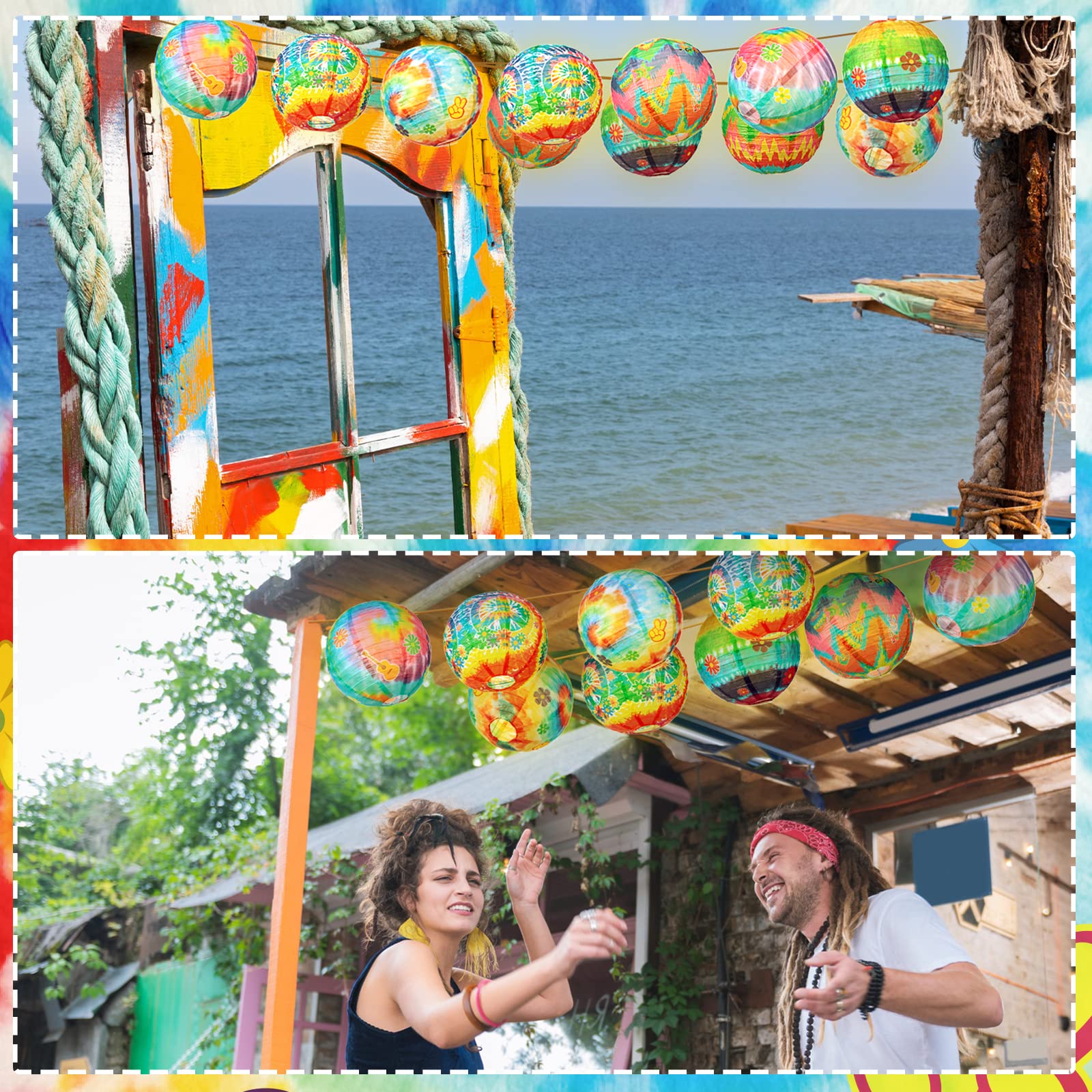 Frienda 6 Pcs Hippie Paper Lanterns, Tie Dyed, Retro Flower & Peace Sign, Decorative for 1960s Party, Metal, Hippie Style