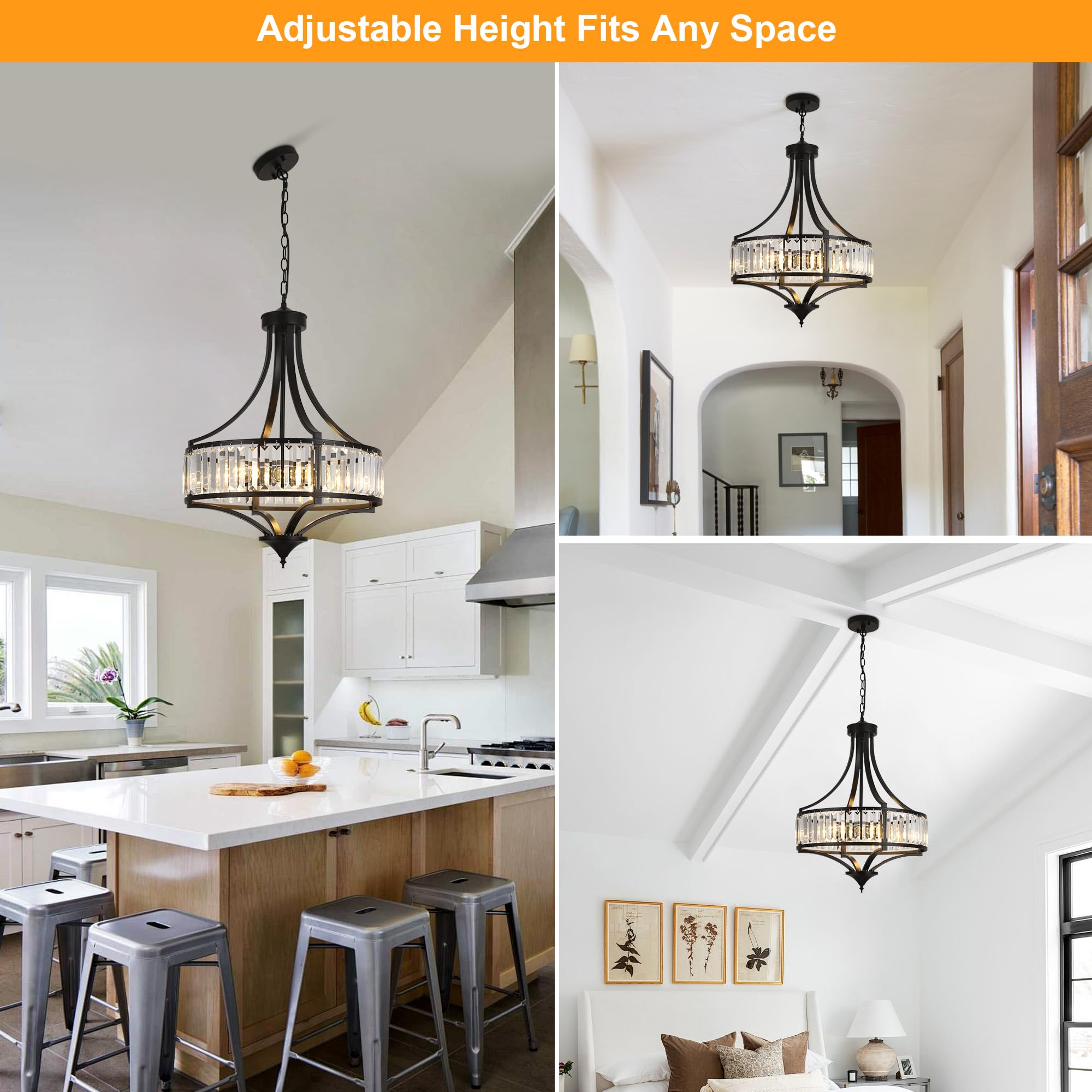 CNRATYE 20" Black Antique Crystal Chandelier, 5-Light Metal Pendant Light for Dining Room, Living Room, Kitchen Island