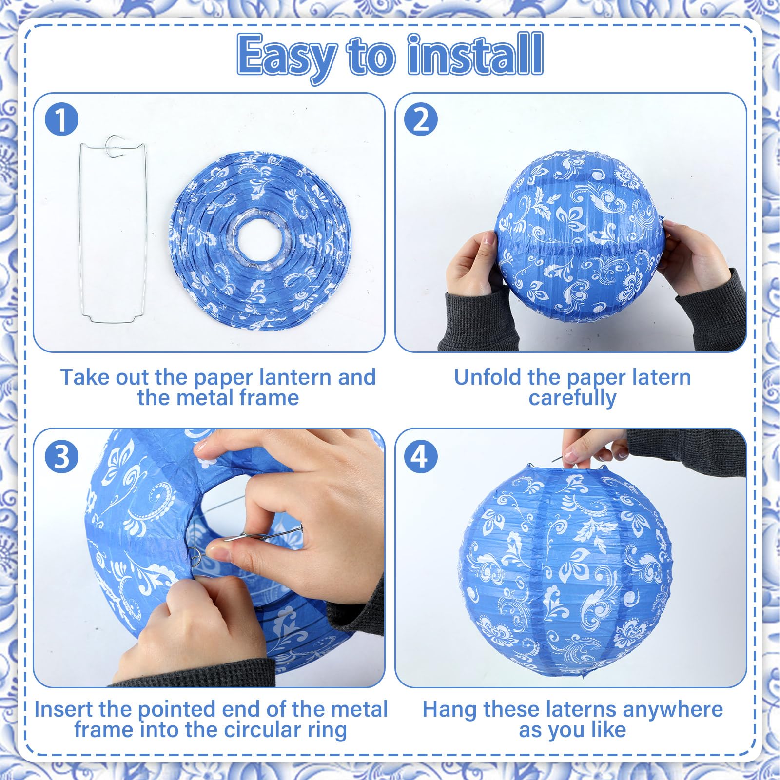 Lonfliness Chinoiserie Paper Lanterns, 15 Pcs, 10"/8", Blue & White, Hanging Decor for Birthday, Wedding, Baby Shower