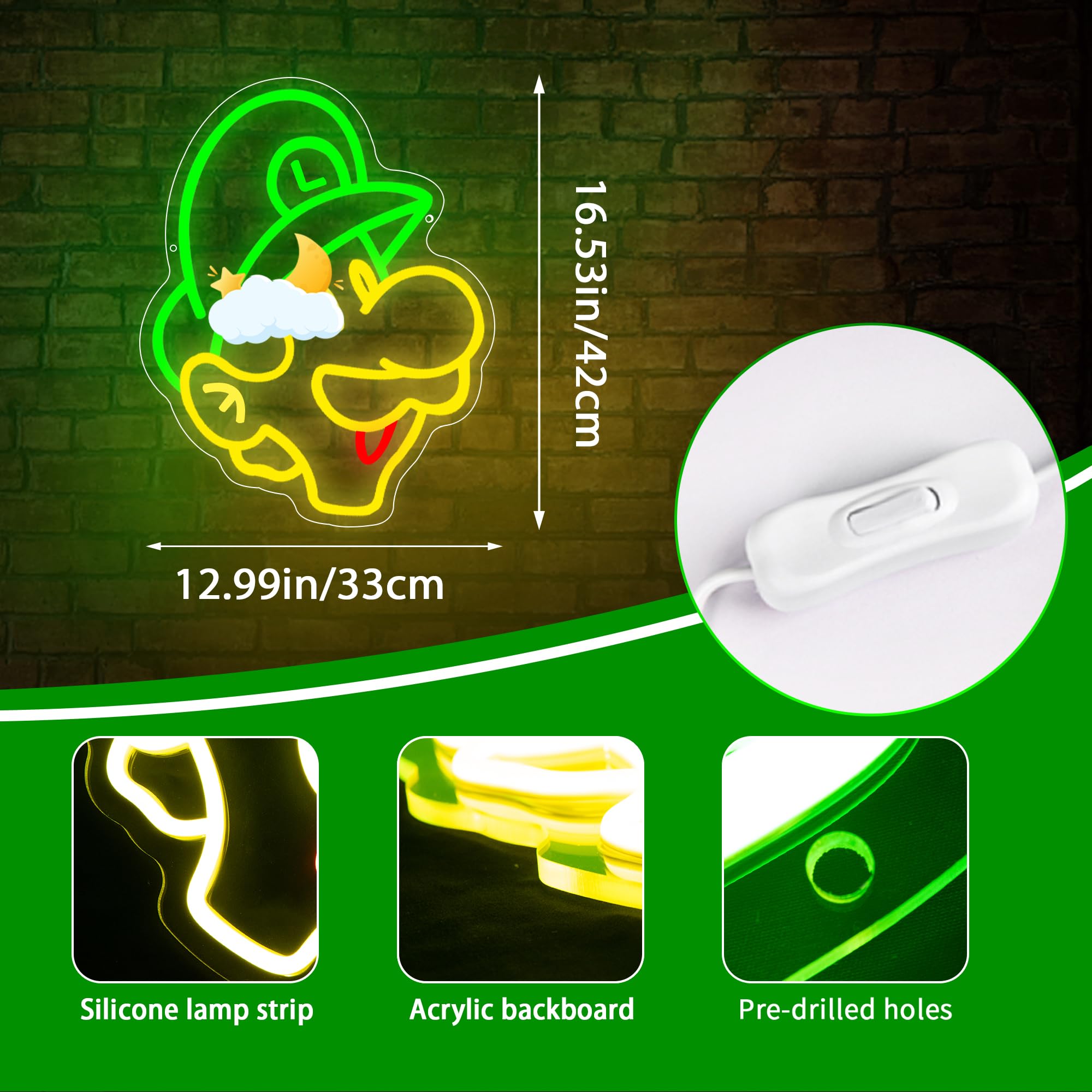 FTMGGDG Gaming Neon Sign LED Wall Decor, Anime Light Up Sign, 16.1x12.8 inches, Acrylic, Red & Green & Lemon-yellow, Model FMXD3001