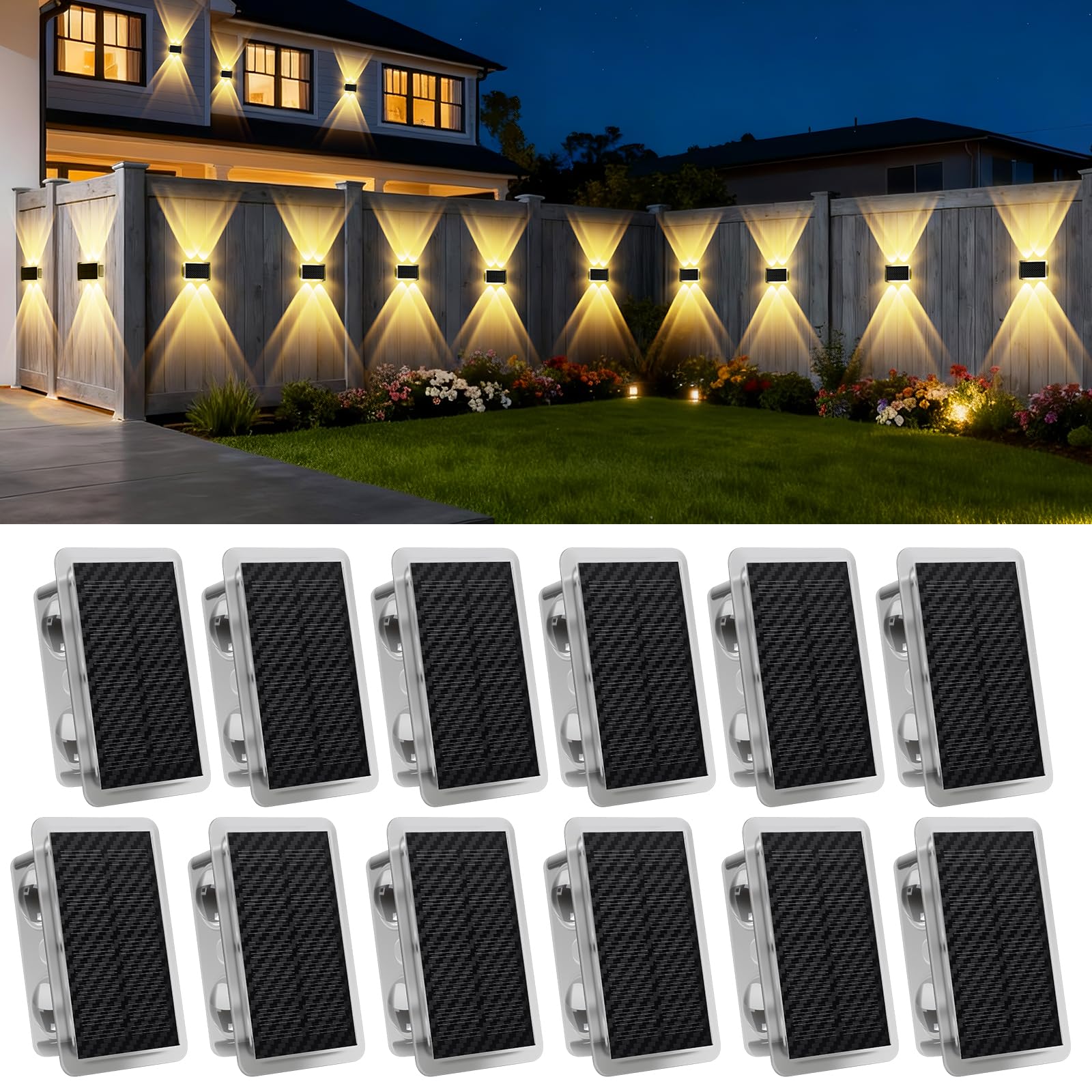 Solar Fence Lights Outdoor, New Up Down Lighting Fence Lights Solar Powered with 3 Modes 3000K/4000K/6000K, IP65 Waterproof Sola