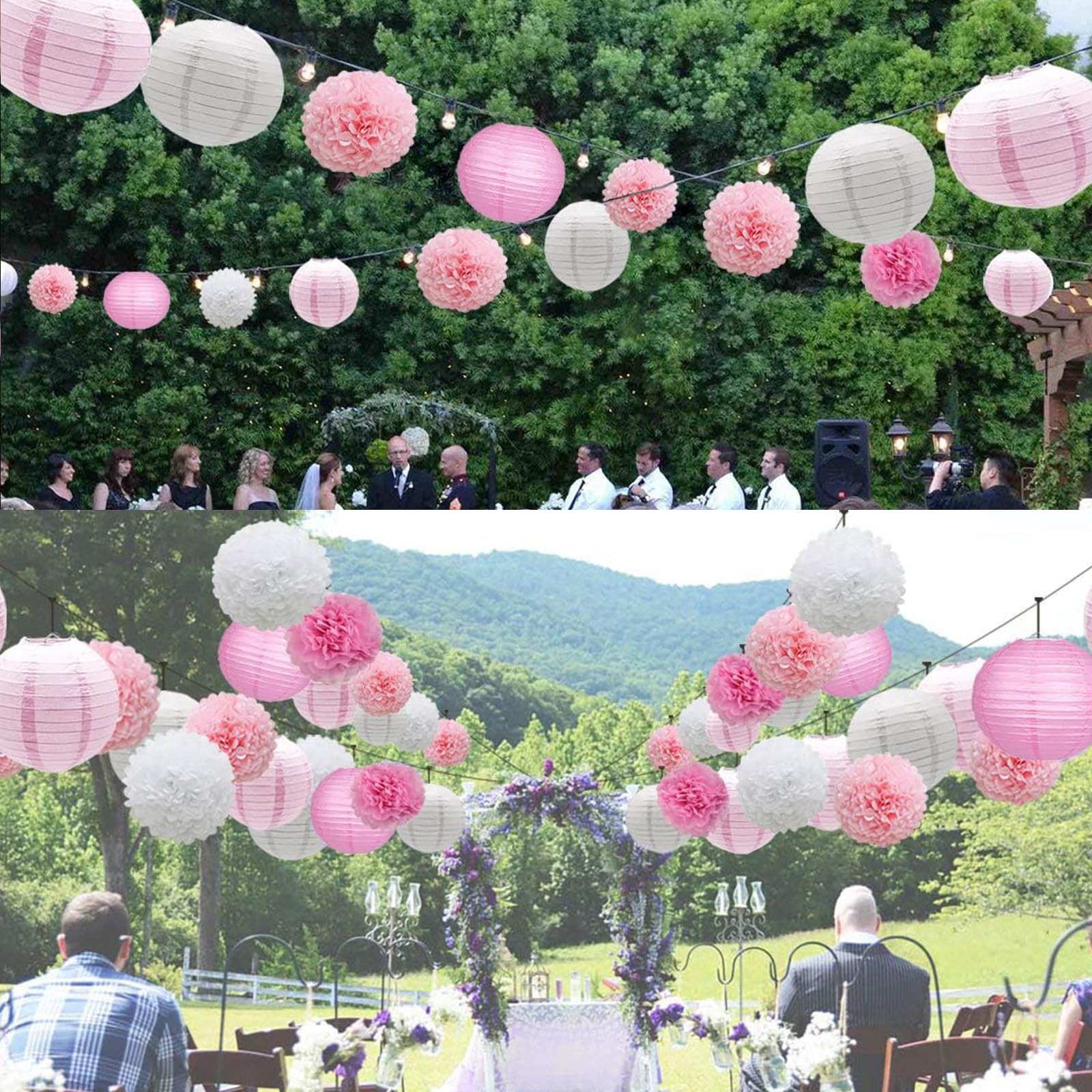 Celehappy Pink Paper Lanterns - 18pcs Tissue Paper Pom Poms for Baby Shower, Wedding, Birthday - Variety Pack, Hot Pink/Pink/White