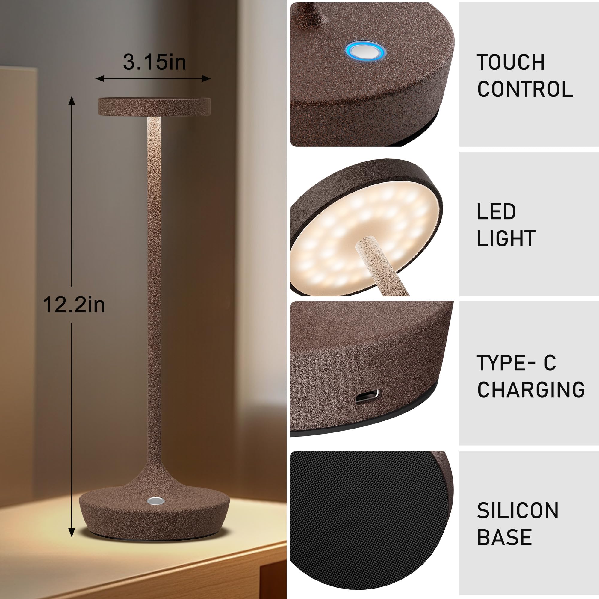 YHT Cordless LED Desk Lamp, 6000mAh Battery, Waterproof, 3-Color Touch, Portable, Rust 2P, Model X86