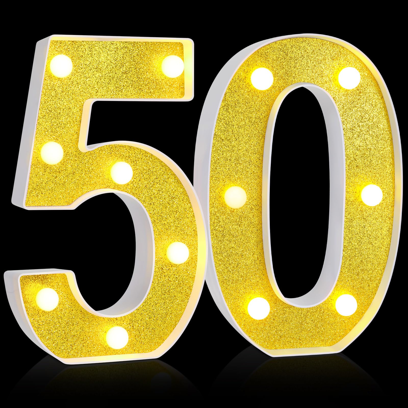 Treela LED Light Up Number Sign, 8.7in  Glitter Marquee for 50th Birthday Party Decorations, Gold PP Material