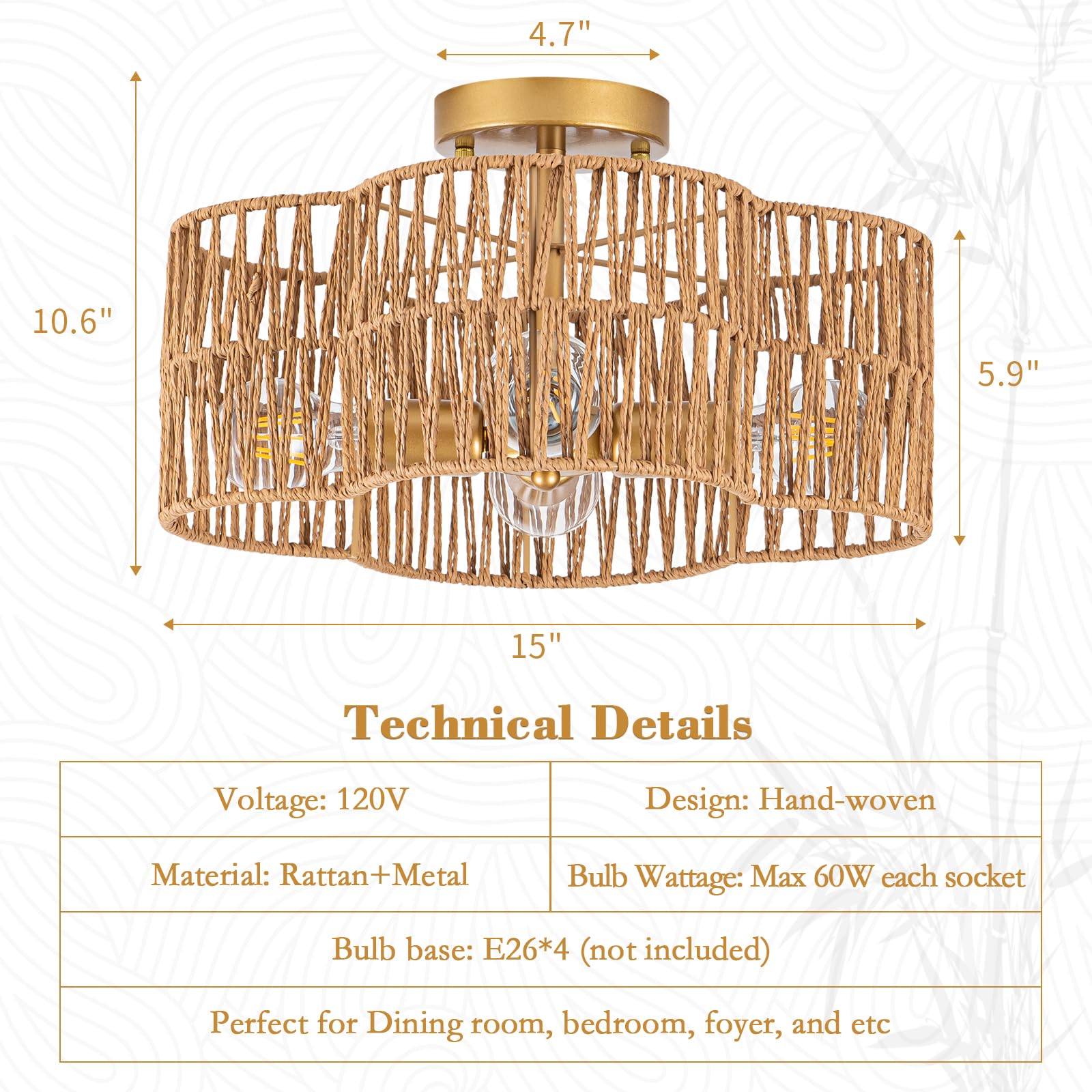 Sytpplan Rattan Light Fixtures Ceiling, 4-Lights Boho Semi Flush Mount Ceiling Light With Hand-Woven Shade, Wicker Light Fixture