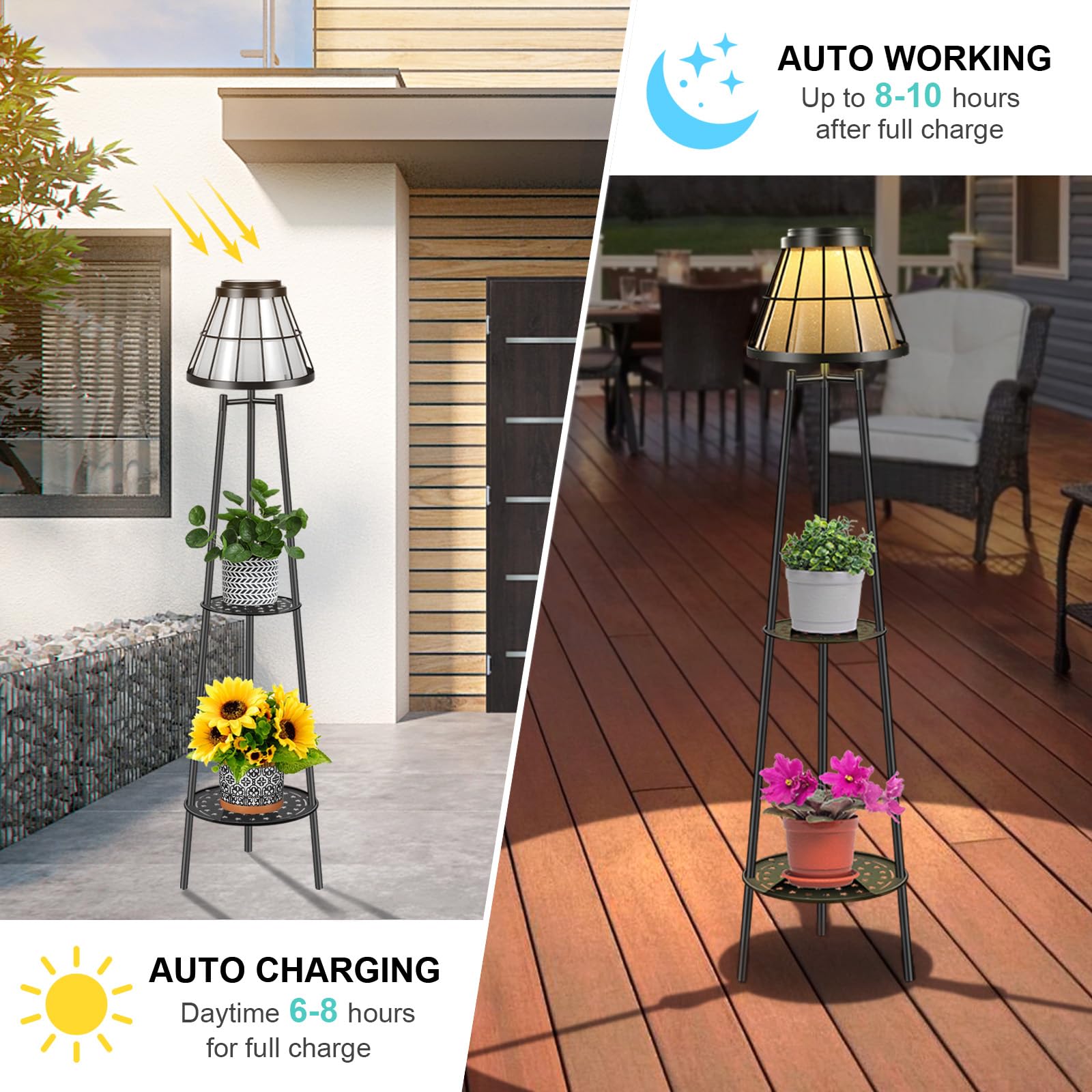 2 Pack Solar Lights Outdoor With Plant Stands, Solar Floor Lamp Metal Tripod Patio Lights For Garden Yard Pathway Driveway Front