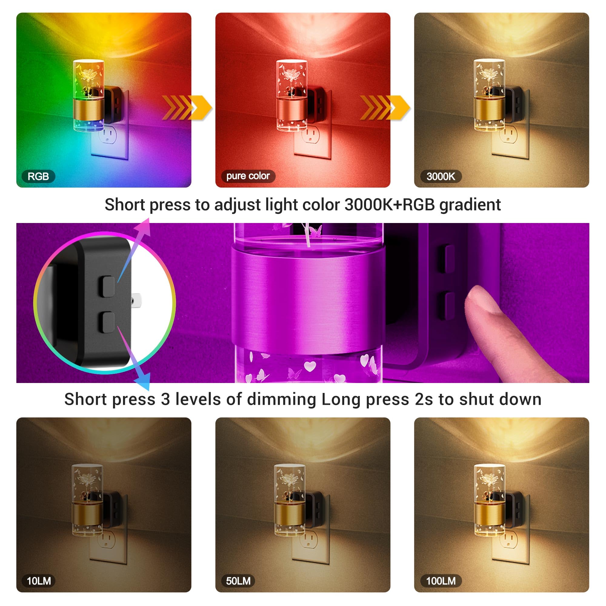 Jandcase Night Lights Plug Into Wall,2 Pack Rose Carved Night Light For Girls, 3000K+Rgb 10-Color Led Nightlight With Dusk To Da