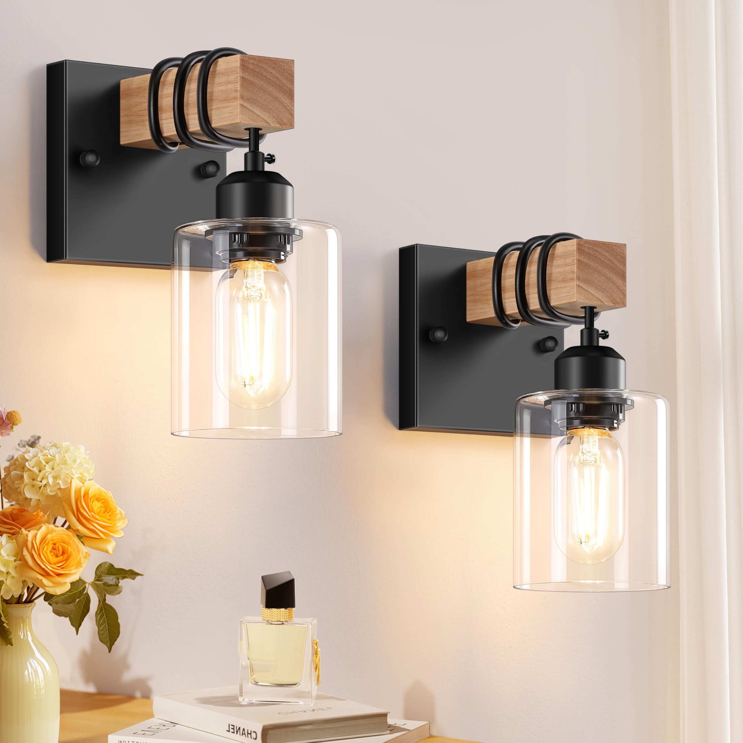 Licperron Set Of 2 Wall Sconces For Bathroom  Farmhouse 1-Light Matte Black Bathroom Vanity Light With Clear Glass Shades  Indoor Wall Mount Lighting Fixtures For Bedroom Living Room Mirror Kitchen