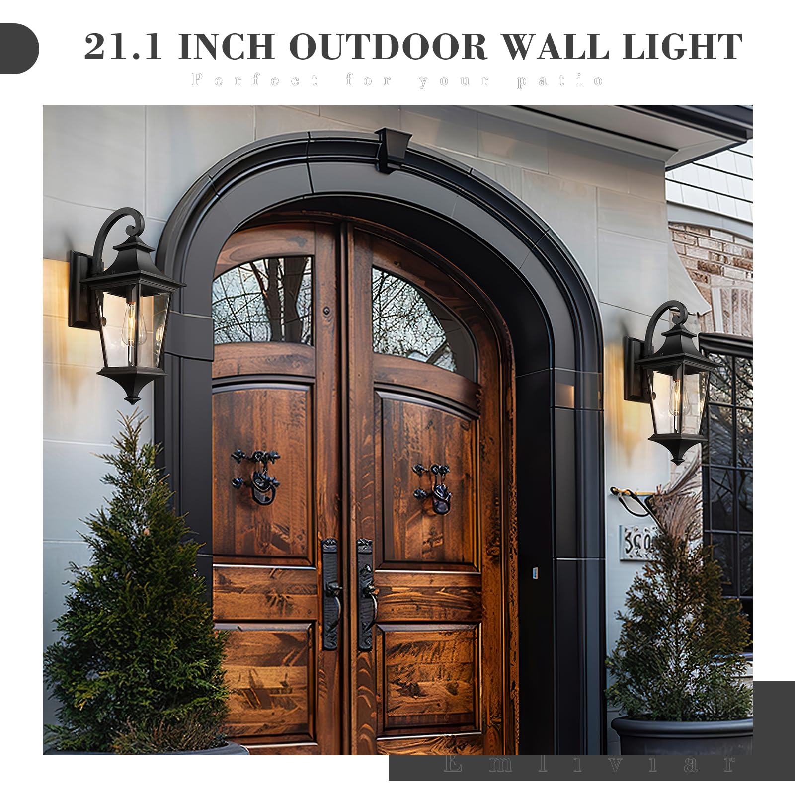 Emliviar Outdoor Porch Light - 21.1 Inch Modern Wall Light, Clear Glass, Black Finish, Model XE292B-M BK, Medium Size