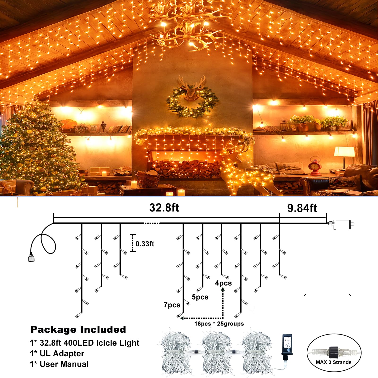 Xmasbokeh Icicle Lights For Outside, 33Ft 400 Led Christmas Lights With 8 Modes Waterproof, Plug In Connectable Curtain Hanging Lights For Outdoor Indoor House Roof Party Wedding, Orange