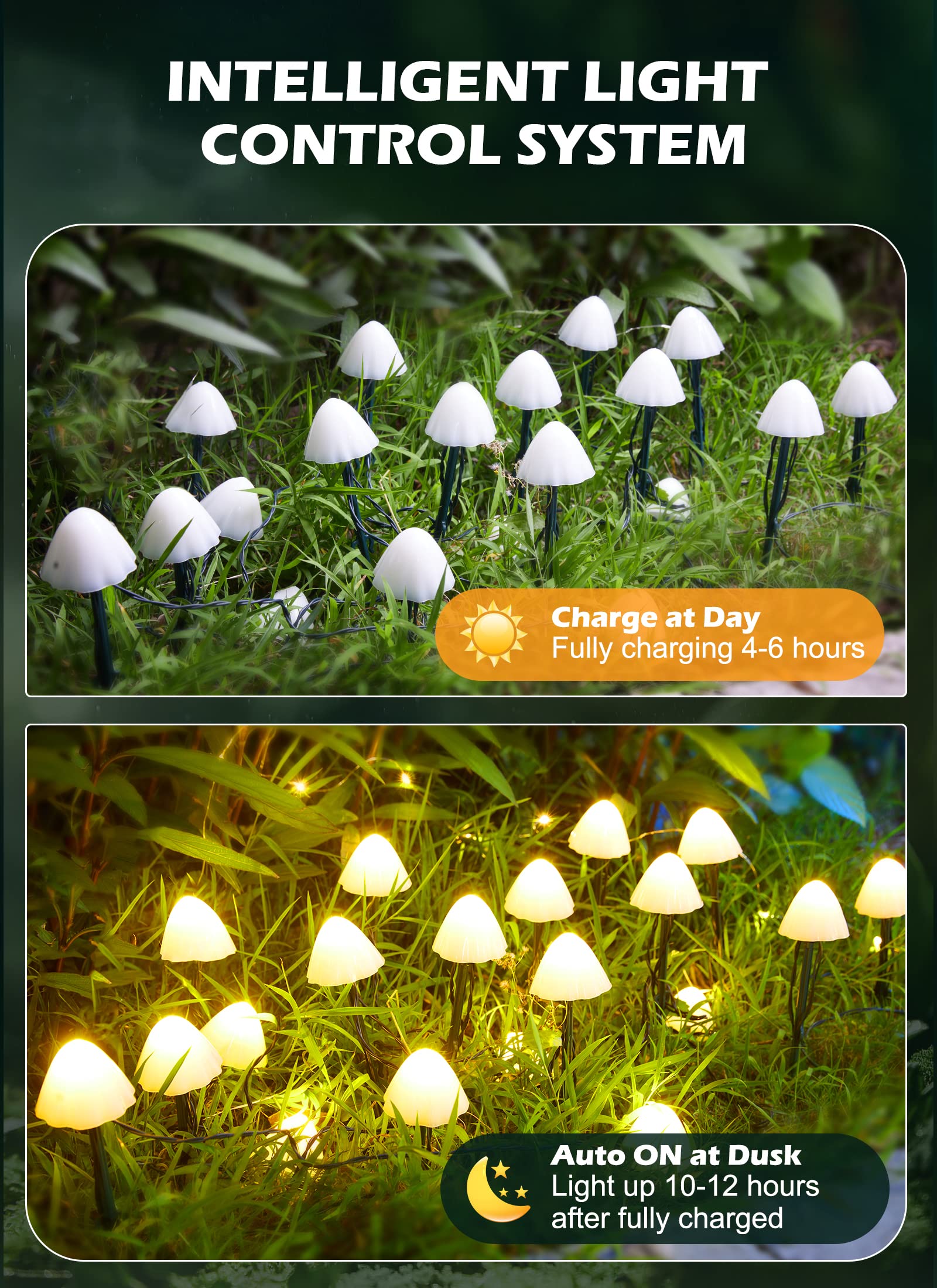 Solar Mushroom Garden Lights For Outside, 20 Led 32.8Ft Solar Pathway Lights Outdoor Waterproof For Fence With 8 Lighting Modes