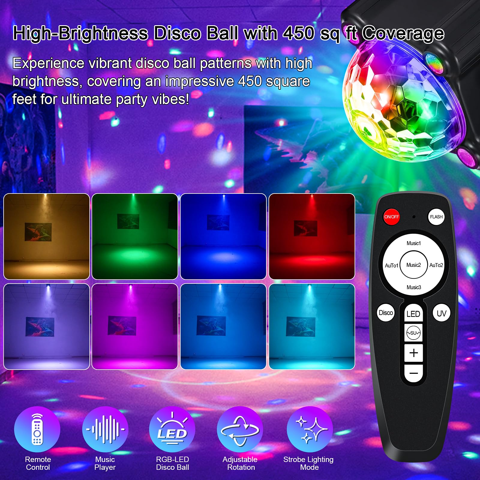 Godenba Sound Activated Disco Party Lights, Dj Disco Ball Light With Remote, Strobe Stage Lighting Lamp For Indoor Outdoor Home