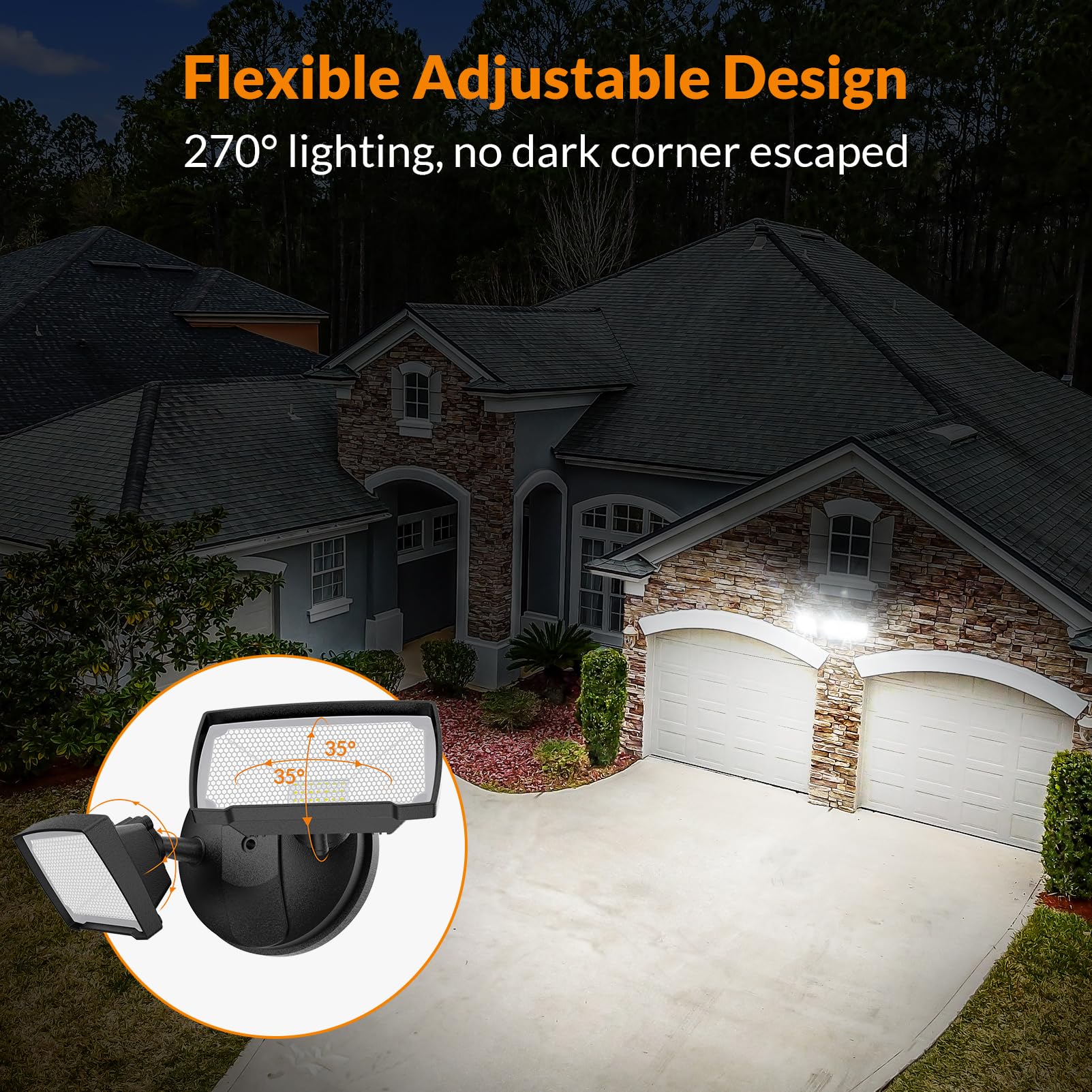 LEPOWER 3000LM LED Flood Light, 28W Outdoor Security Light, 2 Adjustable Heads, IP65 Waterproof, Black, Model YY01D-BL