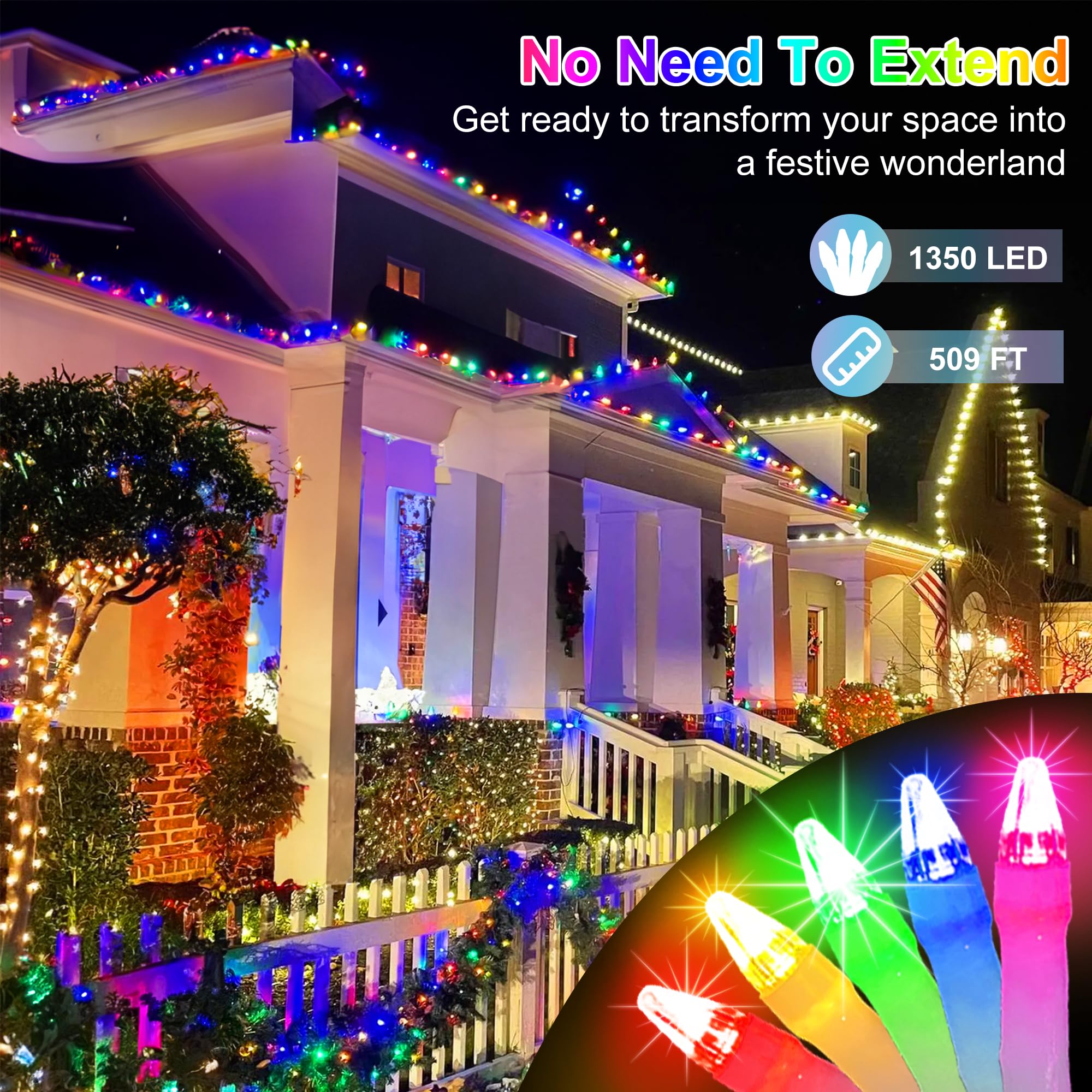 HRANBOTY 509FT Extra Long Christmas Lights, 1350 LED, Waterproof, 8 Modes, Timer, Multicolor, Model HS-1350L