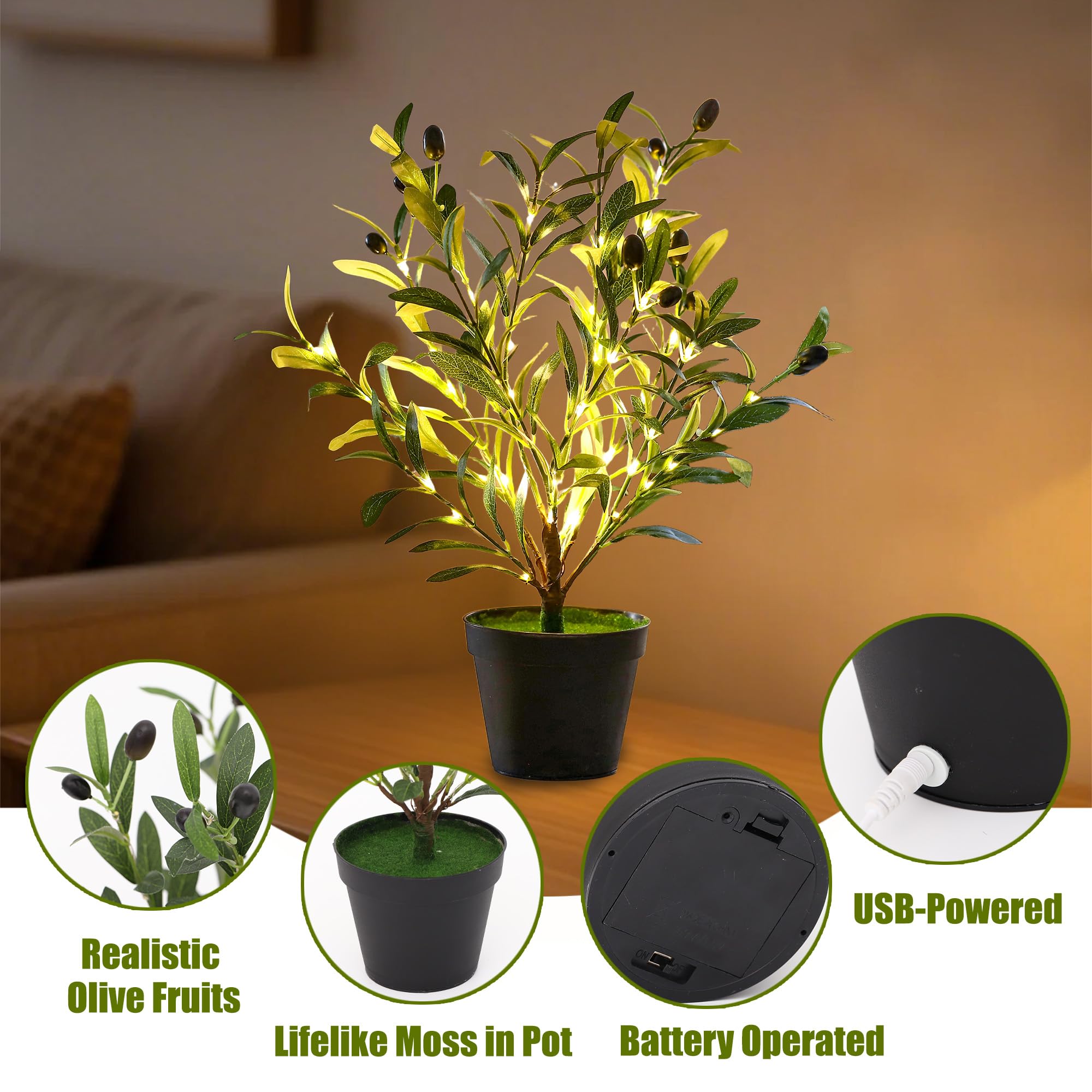 hibeauti Artificial Olive Tree Lamp - Faux Silk Cloth, Flower Light - Home Decor for Living Room, Office, Coffee Shop - Olive Tree Color