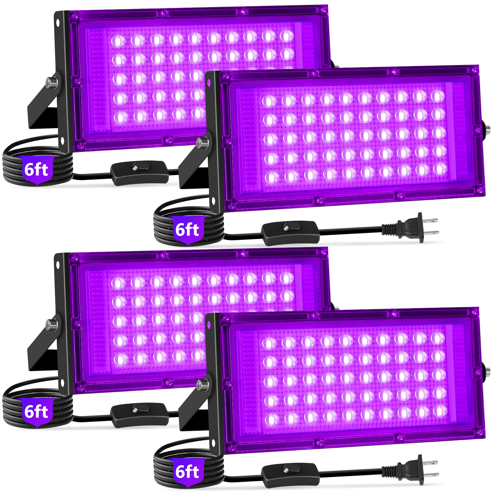 50W Black Lights with Switch+Plug  IP66 Waterproof  LED Blacklight Flood Light for Glow Party  Halloween  Bedroom  Fluorescent Poster  Body Discomfortt  4 Pack