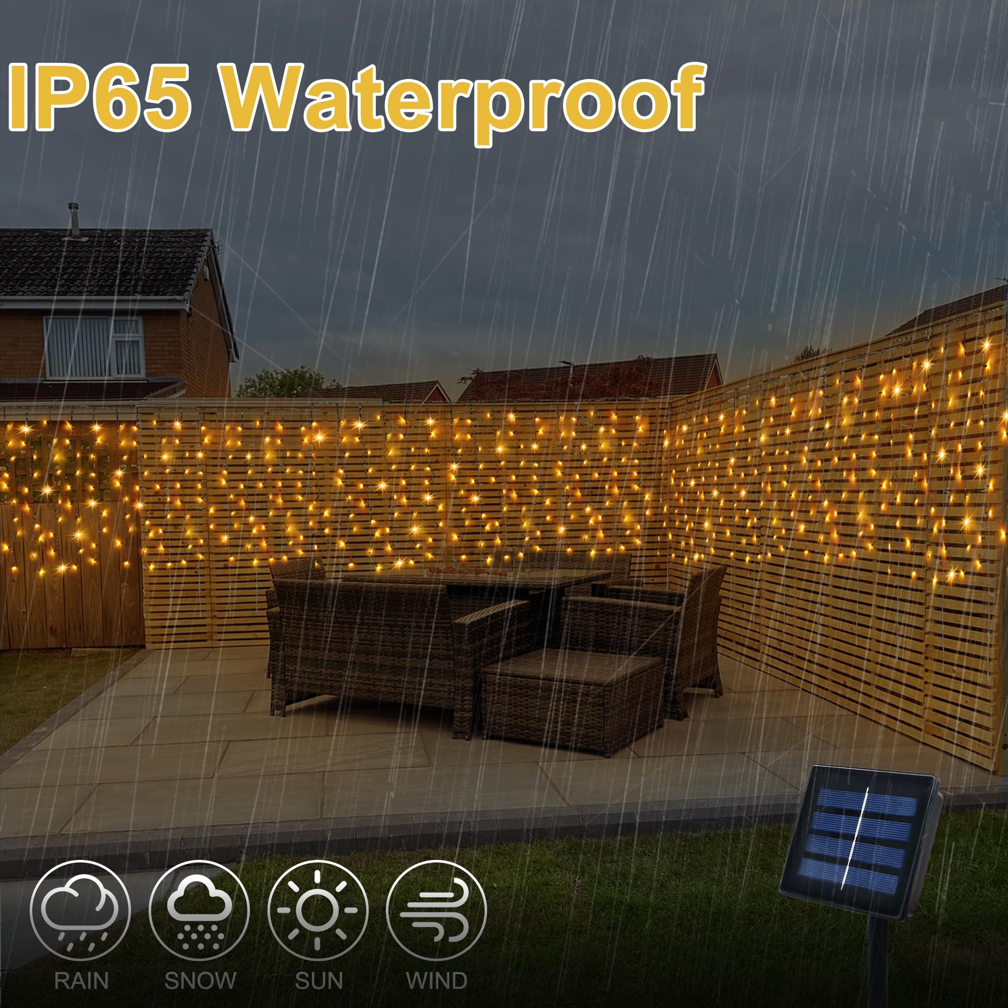 DBFAIRY Solar Curtain Lights, 300 LED, Waterproof, 19.6ft x 3.3ft, Warm White, Model 6X1-01WW