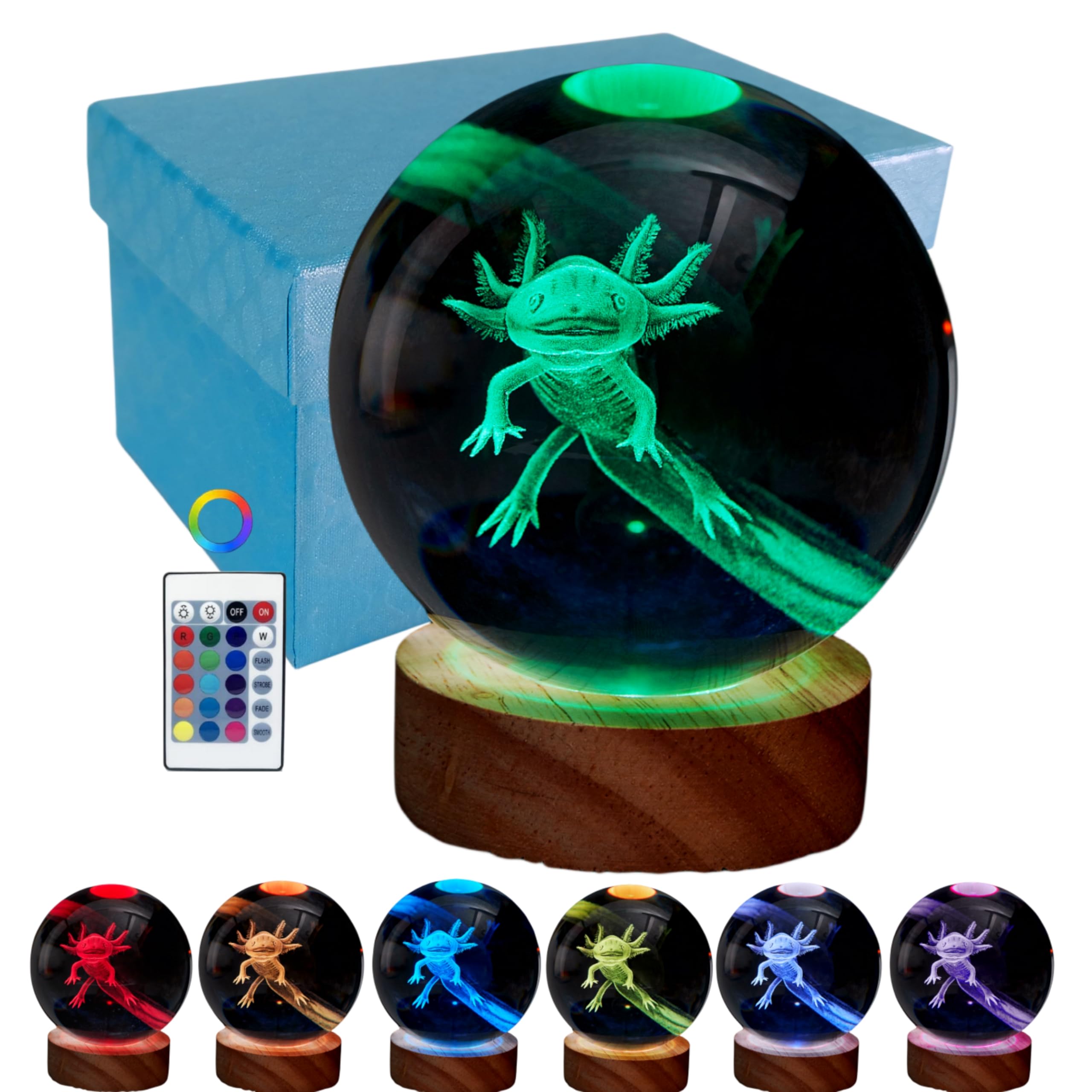 DIGFPWT Axolotl Crystal Ball Night Light, 3.15 Inch, LED Wooden Base, 16 Colors, Gift Box Packing, Color: Axolotl B