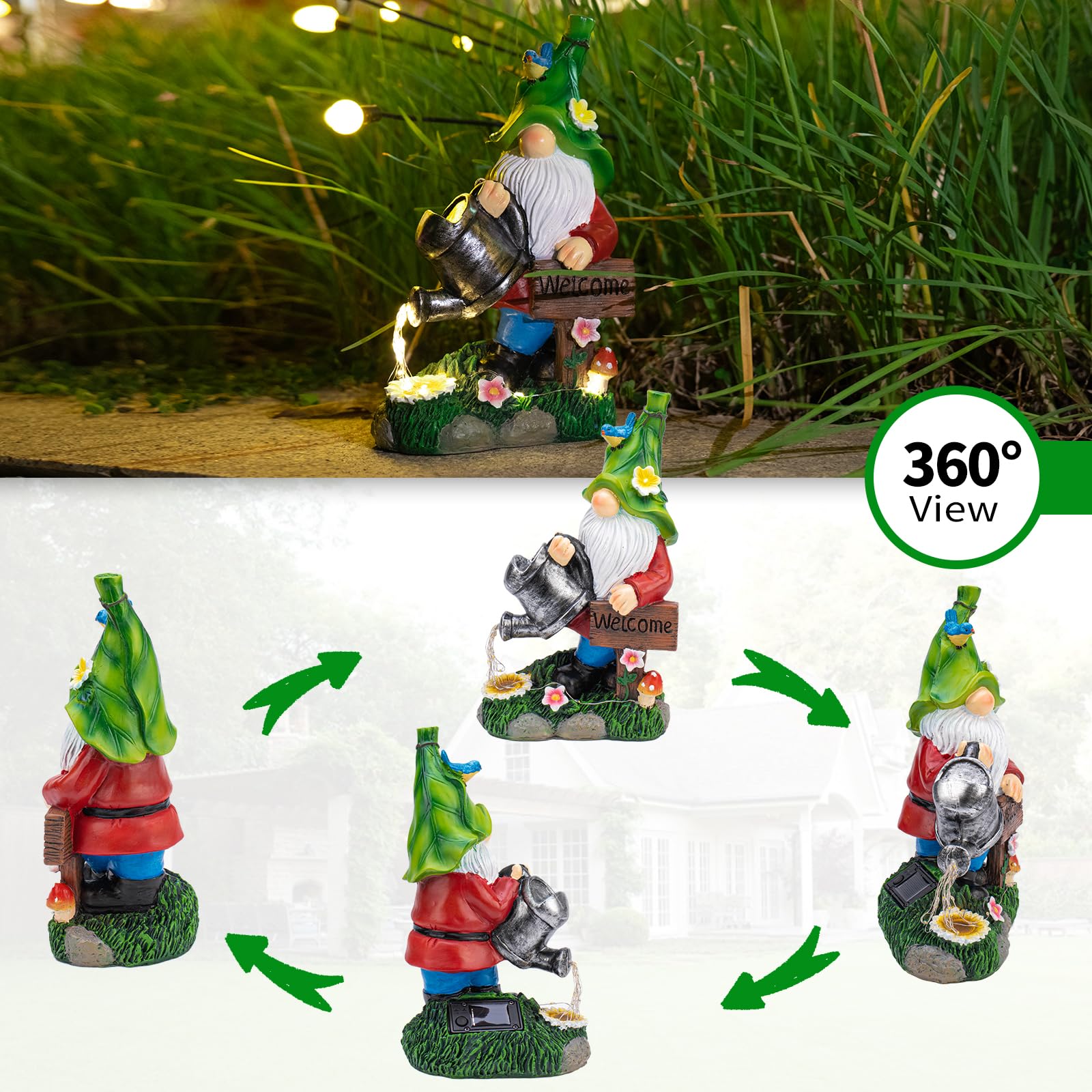 Mopha Garden Gnomes With Watering Can Solar Lights - Resin Outdoor Decor For Patio & Yard