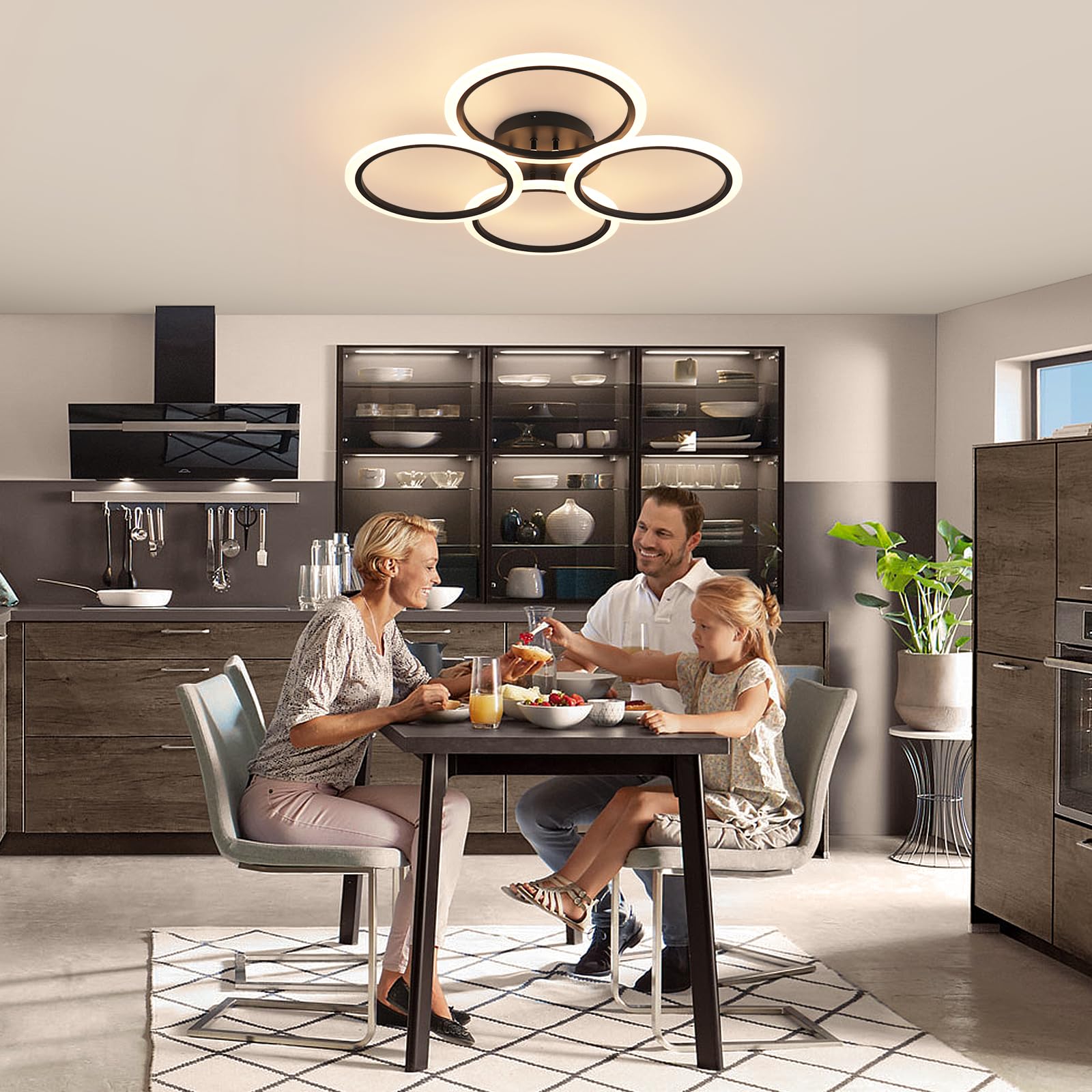 HLILCEH Modern LED Ceiling Light Fixture, Dimmable Acrylic 4 Rings, Remote Control, 28.74 inch, Black, Model CL-4QDBK-D