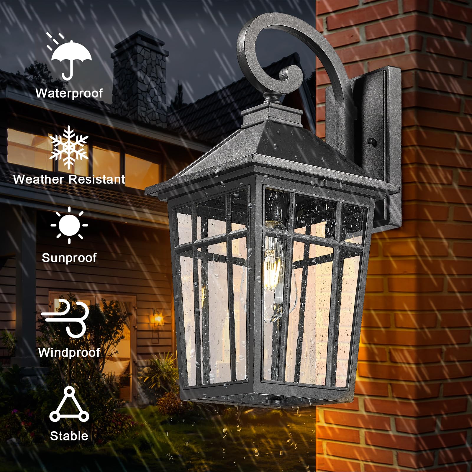 Darkaway Large Outdoor Wall Lights, Waterproof Black Aluminum Sconce with Seeded Glass, Model 6X24B-M BK, 18inch