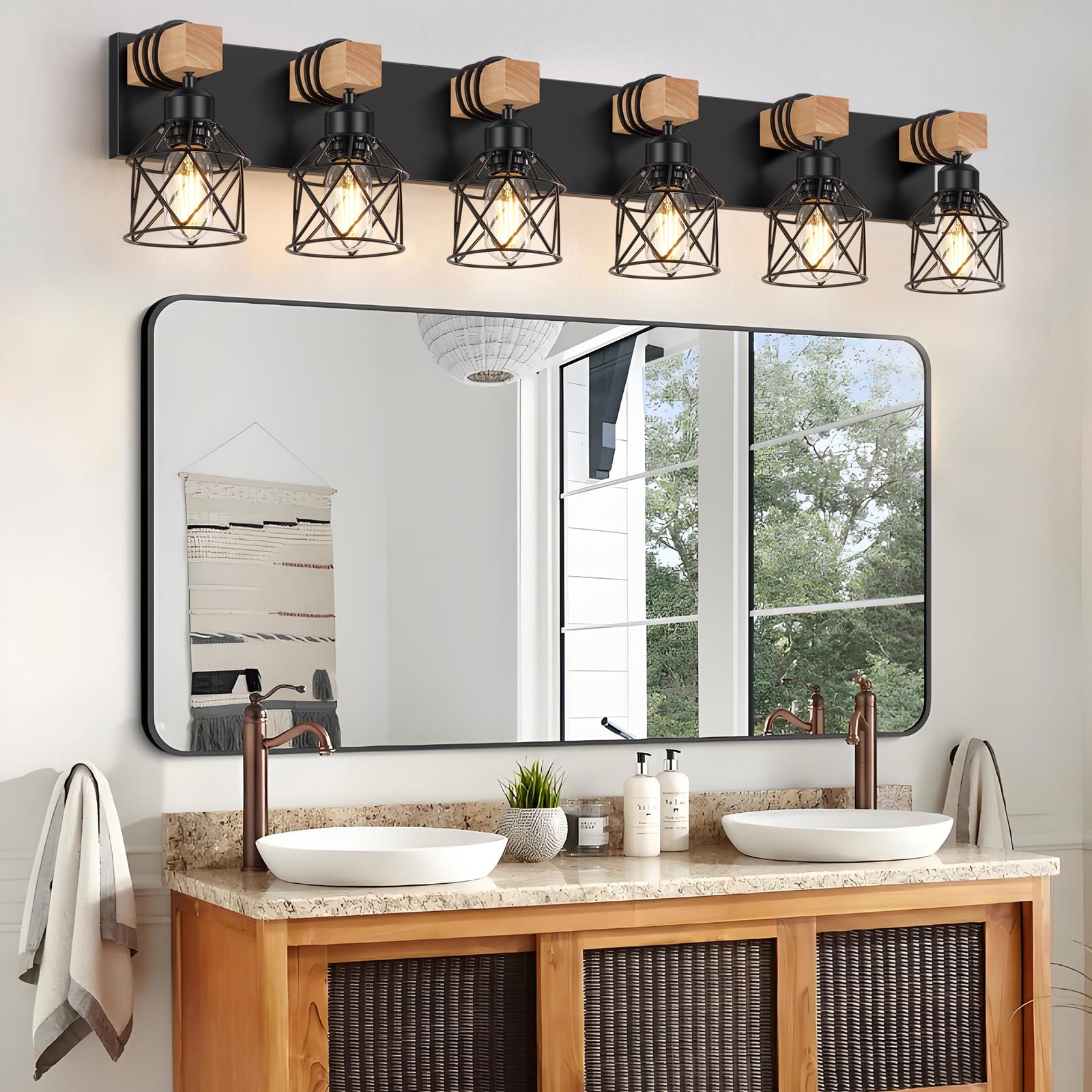FadimiKoo 6-Light Farmhouse Bathroom Vanity Lighting, Rustic Black Wood & Metal Sconces, XLZ-6 Model for Bedroom, Living Room, Hallway