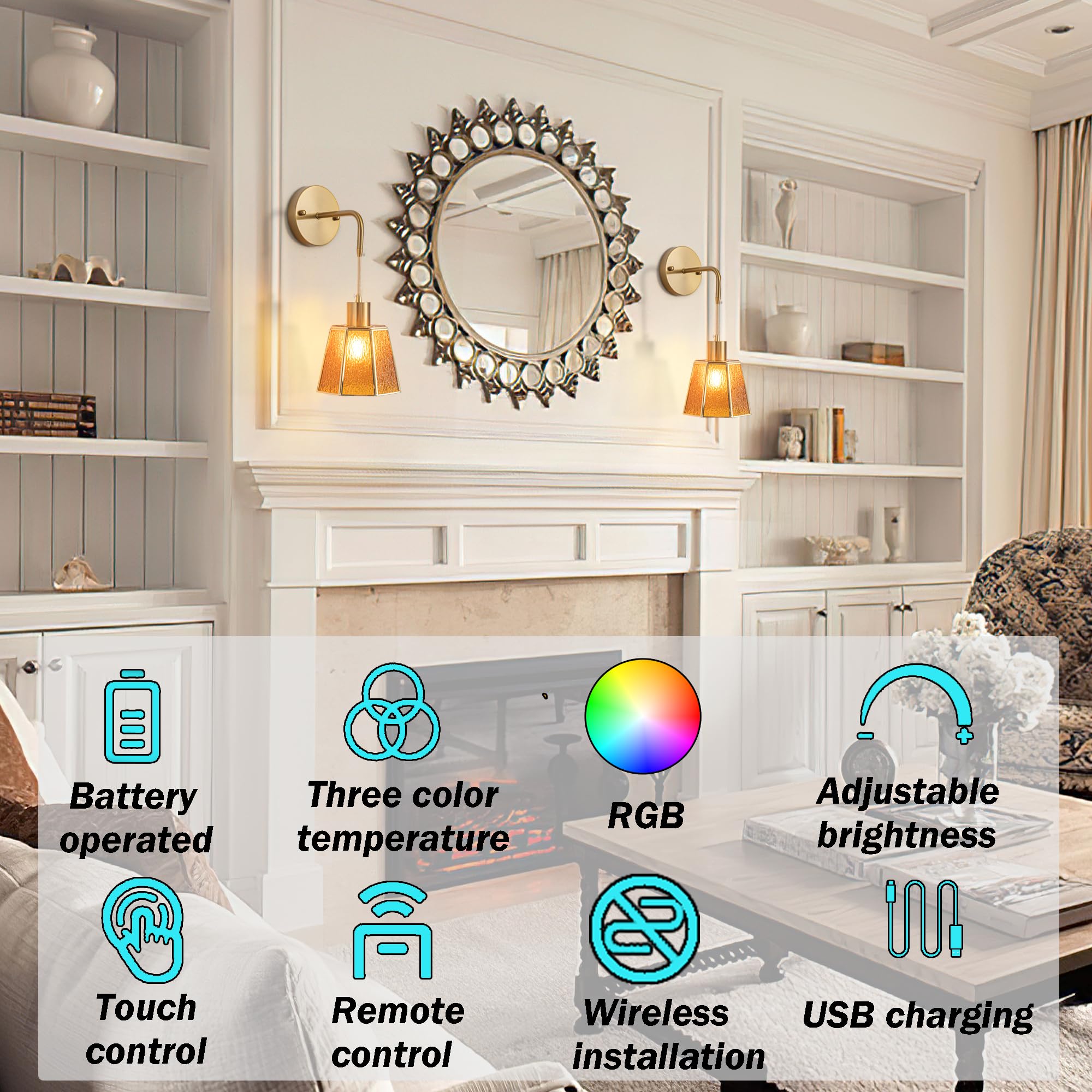 Yhcdlamp Light Fixture, Wall Sconces Set Of 2, Battery Operated, Rgb Color Changing, Rechargeable, Ideal For Bedroom, Living Roo