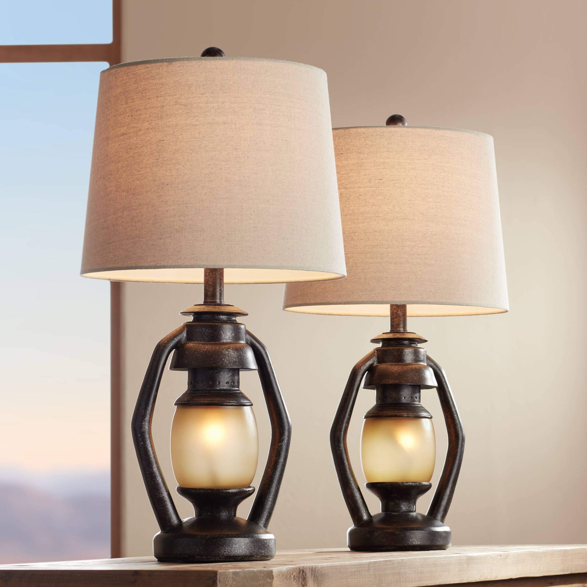 Franklin Iron Works Rustic Farmhouse Table Lamps Set of 2 with Nightlight, 25.25in High, Brown, Model 67Y72, Tapered Drum Shade