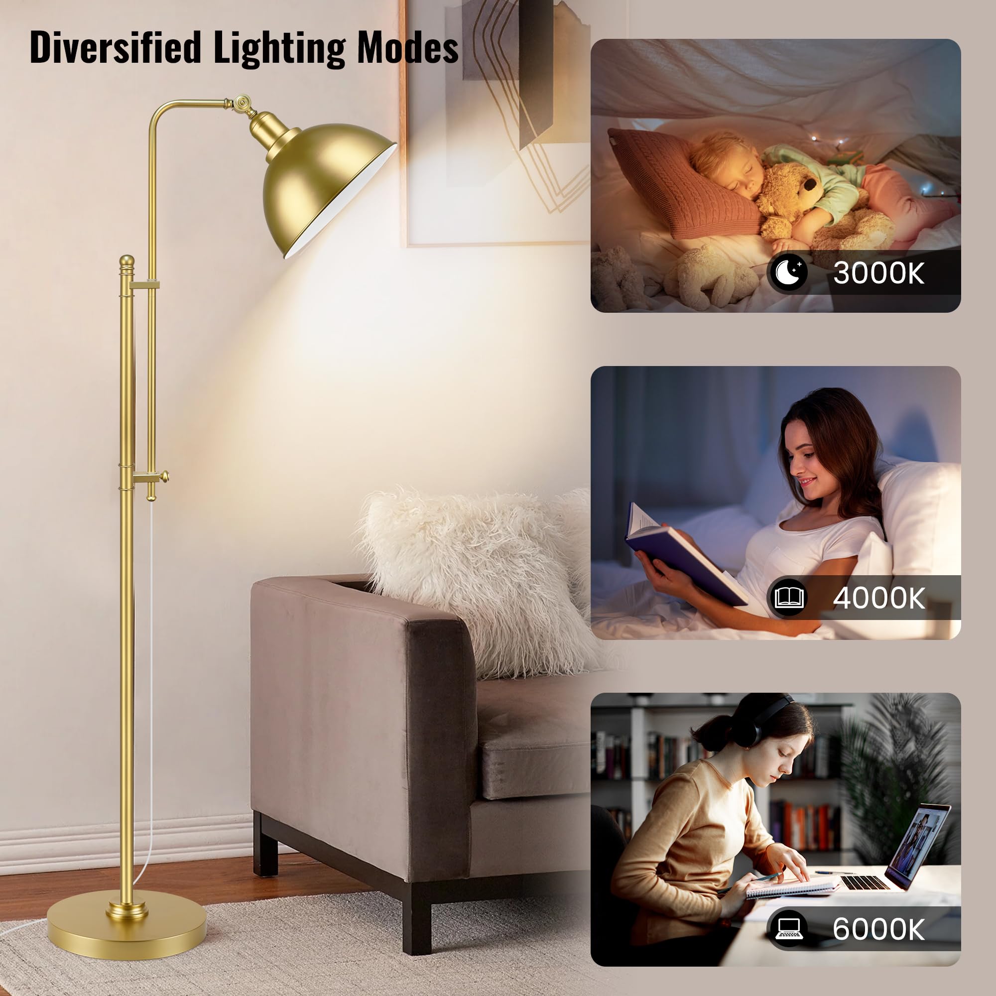 PARTPHONER Industrial Floor Lamp, Adjustable Rustic Design, Metal Shade, Aged Gold Finish, Model STR-FP-0149