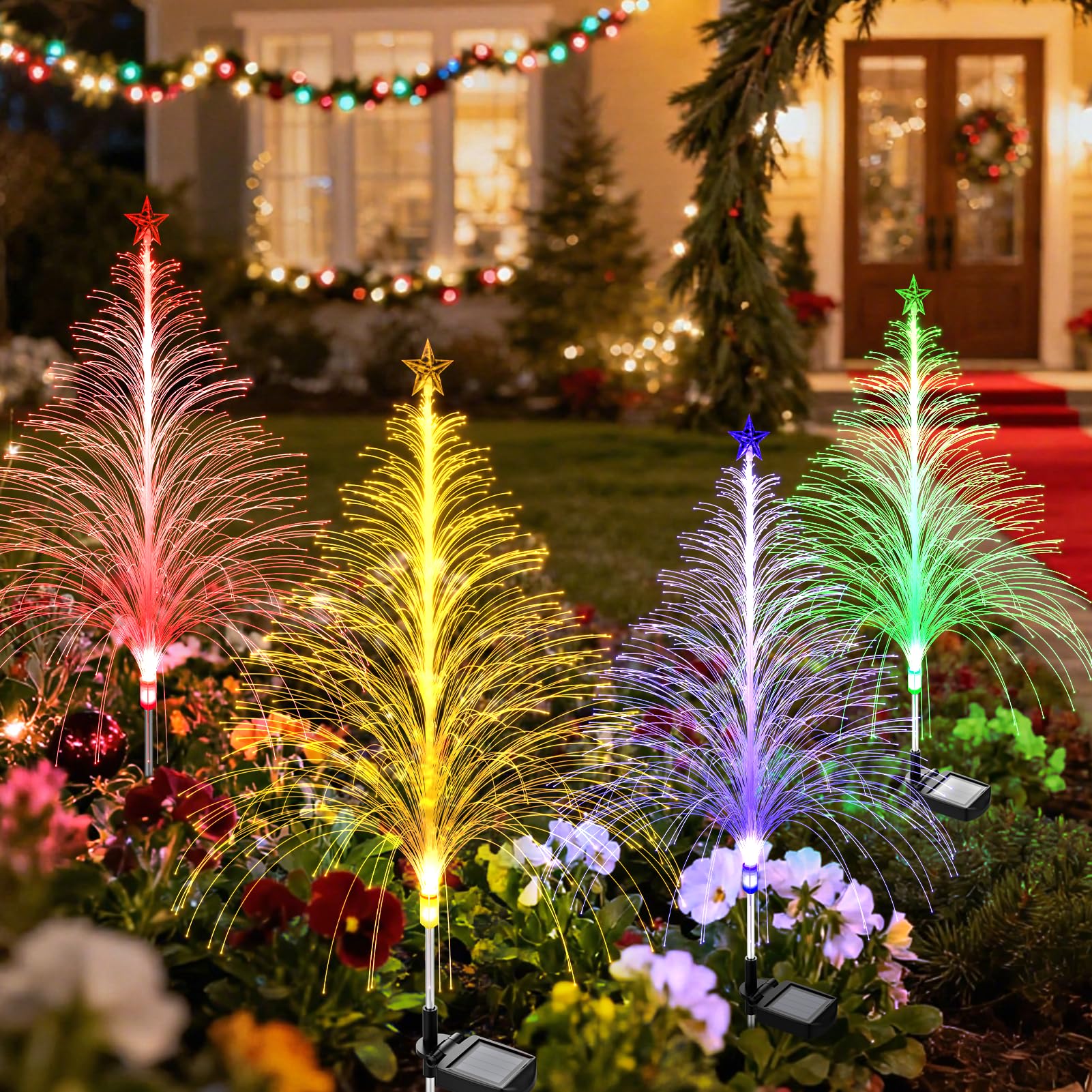 Topvelo 2 Packs Christmas Tree Solar Garden Light With Multi-Colored Change  Auto On/Off Outdoor Yard Light  Solar Lighting For Garden  Porch  Christmas And Festival Decoration (L_Size)