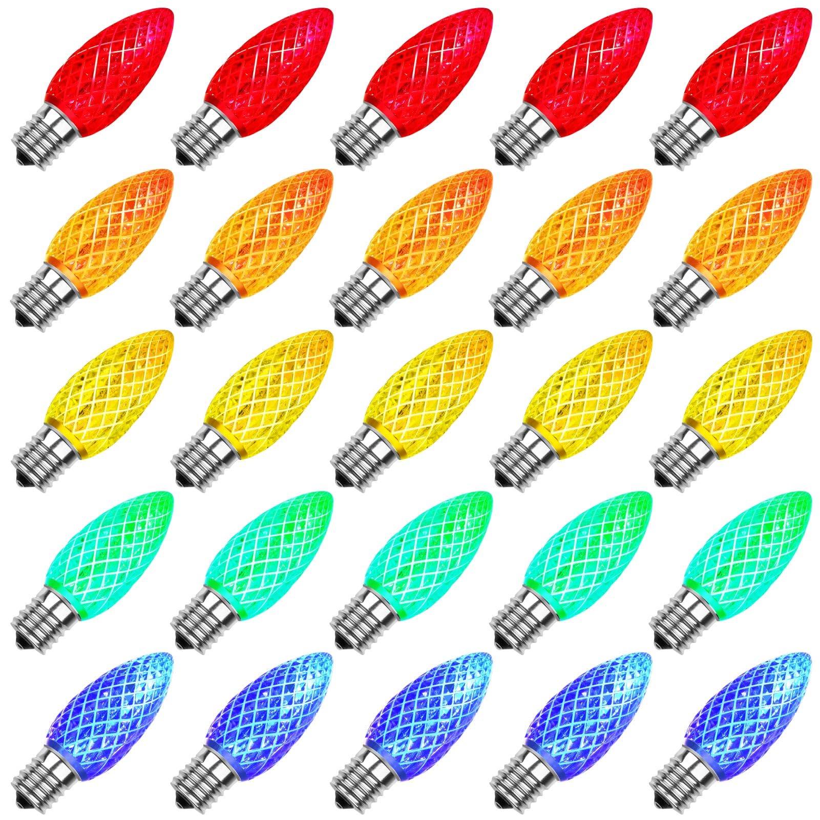 Meconard C9 Led Replacement Christmas Light Bulbs, C9 Shatterproof Led Bulbs for Christmas Indoor Outdoor String Lights, E17 Intermediate Base, Commercial Grade Holiday Bulbs, Multi-Color, 25Pack