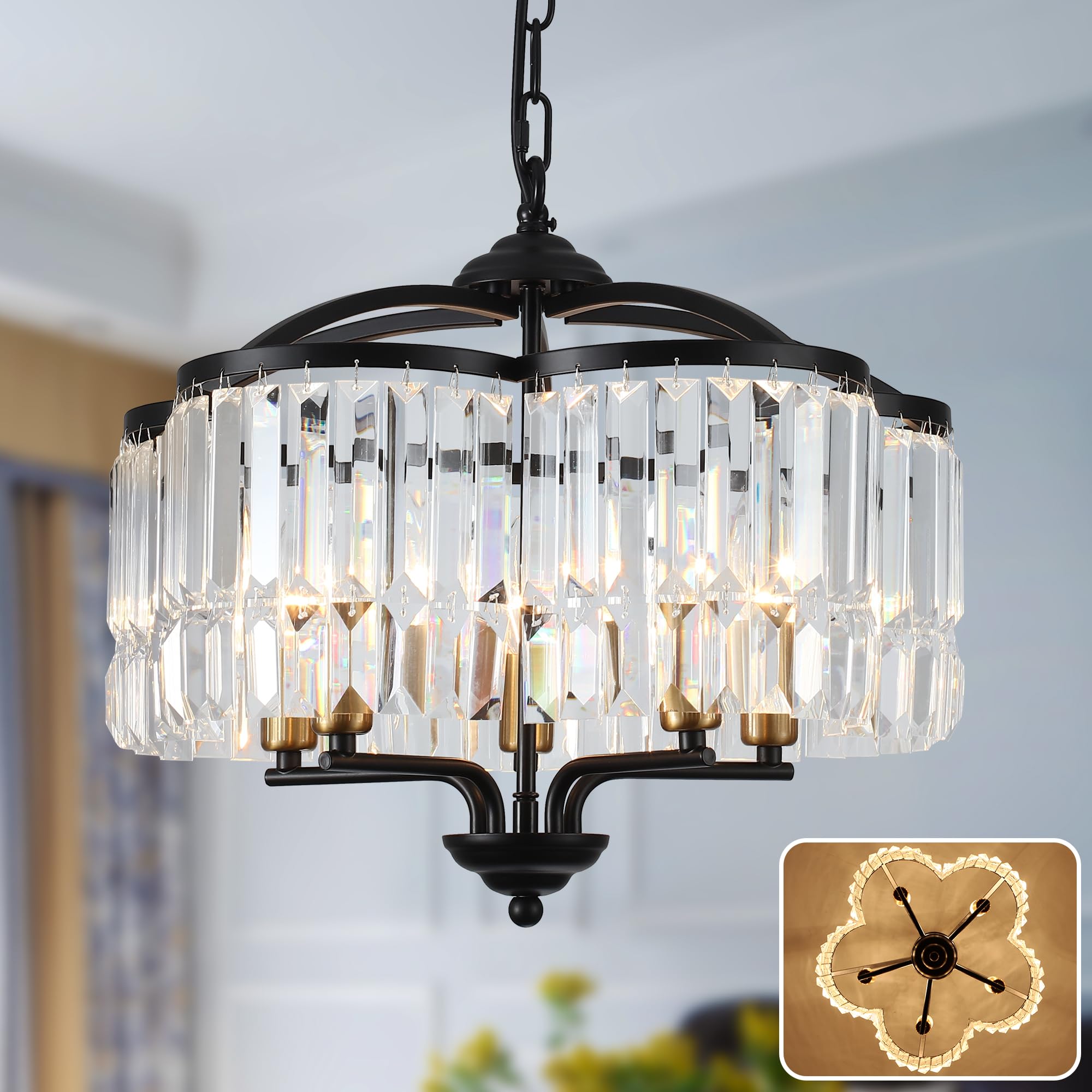 Yidelloc Modern Crystal Chandelier for Dining Room 5 Lights Black Farmhouse Pendant Light Fixture K9 Crystal Adjustable Hanging 